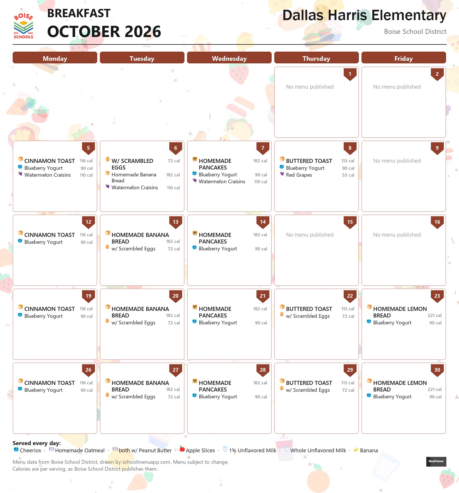 Dallas Harris Elementary breakfast menu for October 2026 &mdash; Boise School District