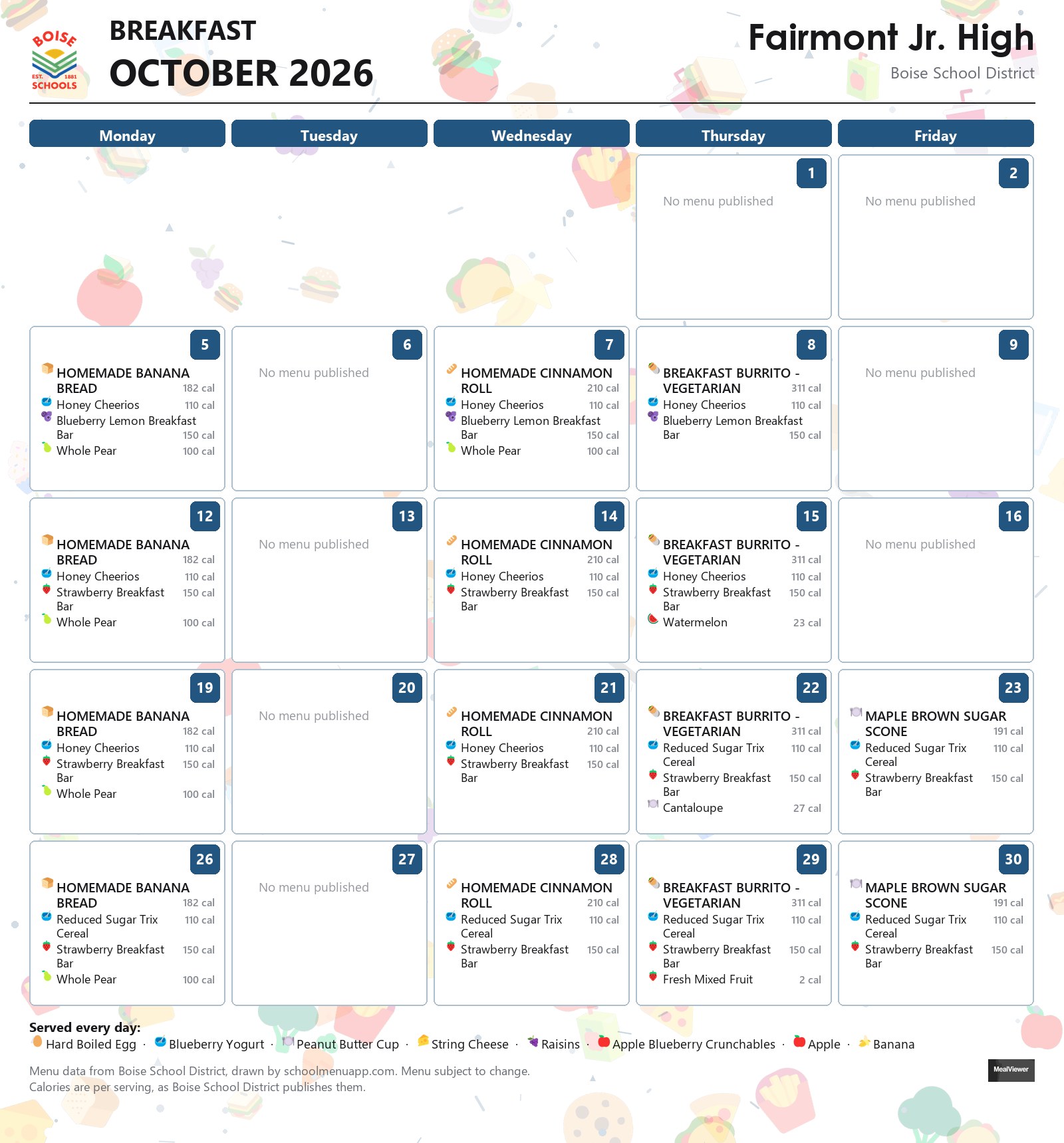 Fairmont Jr. High breakfast menu for October 2026 &mdash; Boise School District