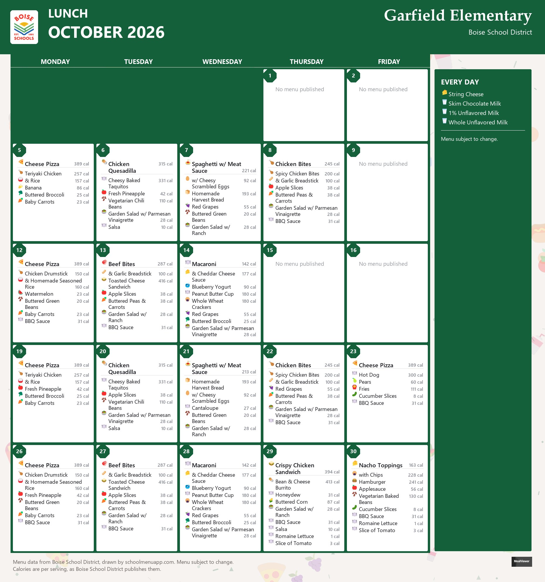 Garfield Elementary lunch menu for October 2026 &mdash; Boise School District