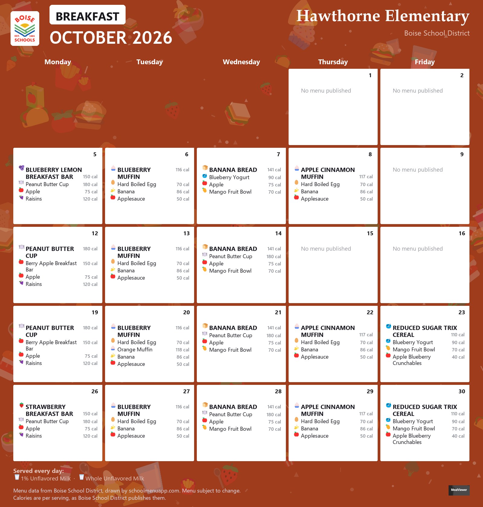 Hawthorne Elementary breakfast menu for October 2026 &mdash; Boise School District