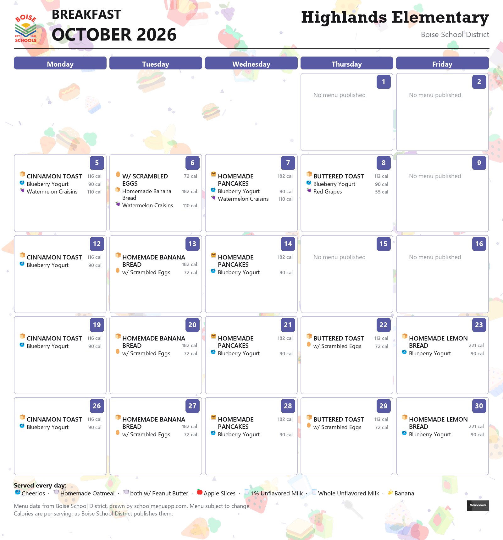 Highlands Elementary breakfast menu for October 2026 &mdash; Boise School District