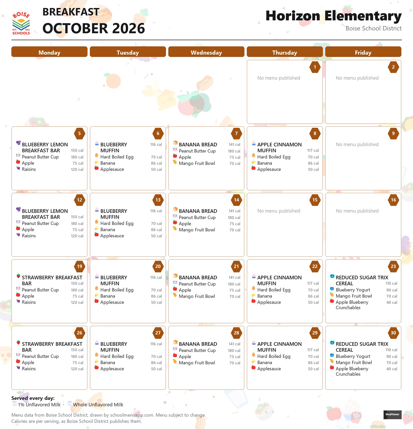 Horizon Elementary breakfast menu for October 2026 &mdash; Boise School District