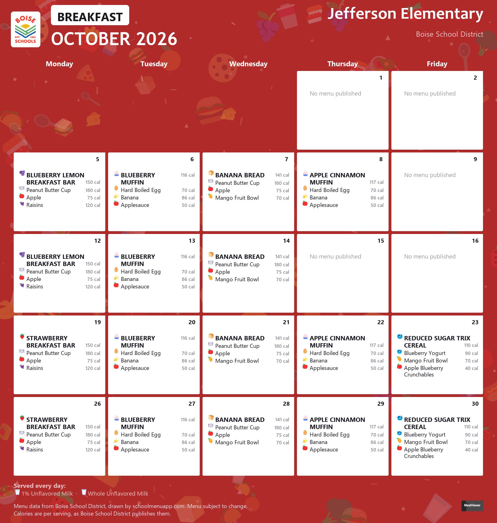Jefferson Elementary breakfast menu for October 2026 &mdash; Boise School District