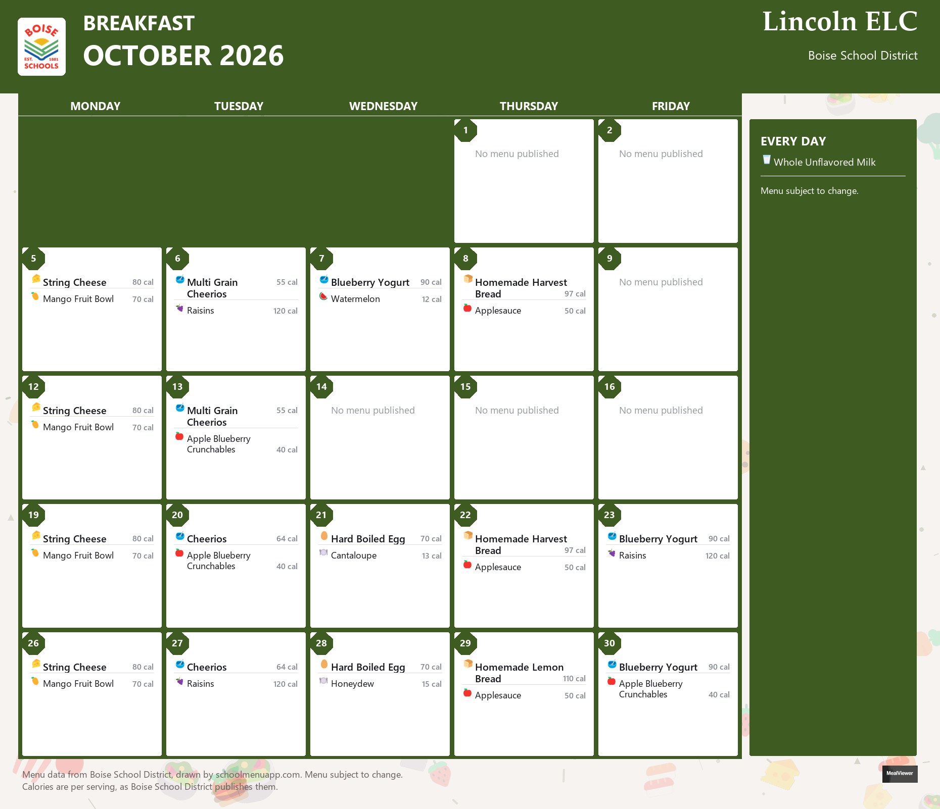 Lincoln ELC breakfast menu for October 2026 &mdash; Boise School District