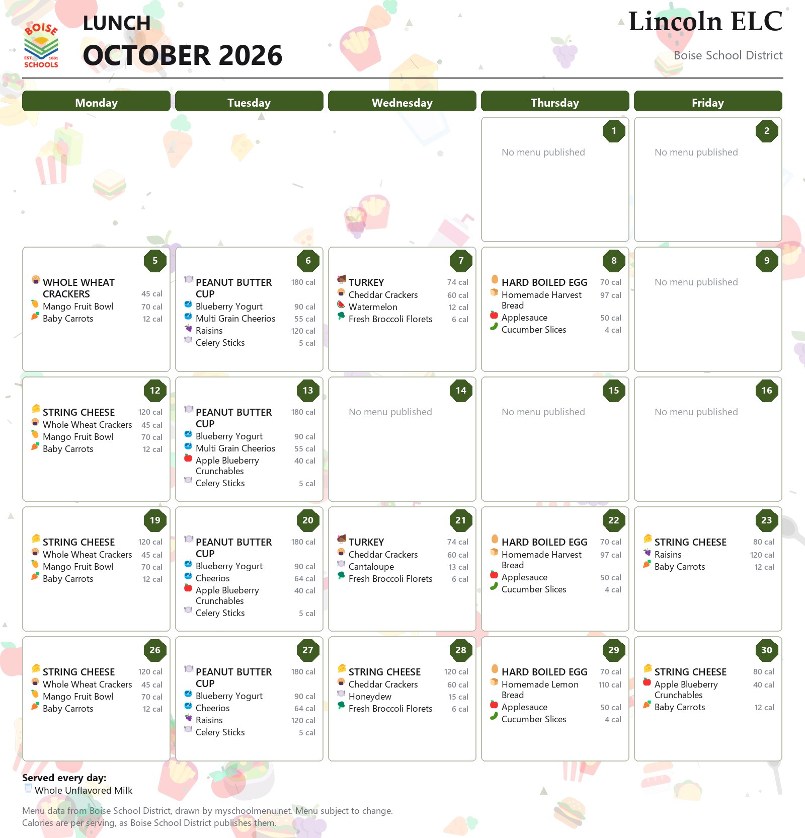 Lincoln ELC lunch menu for October 2026 &mdash; Boise School District