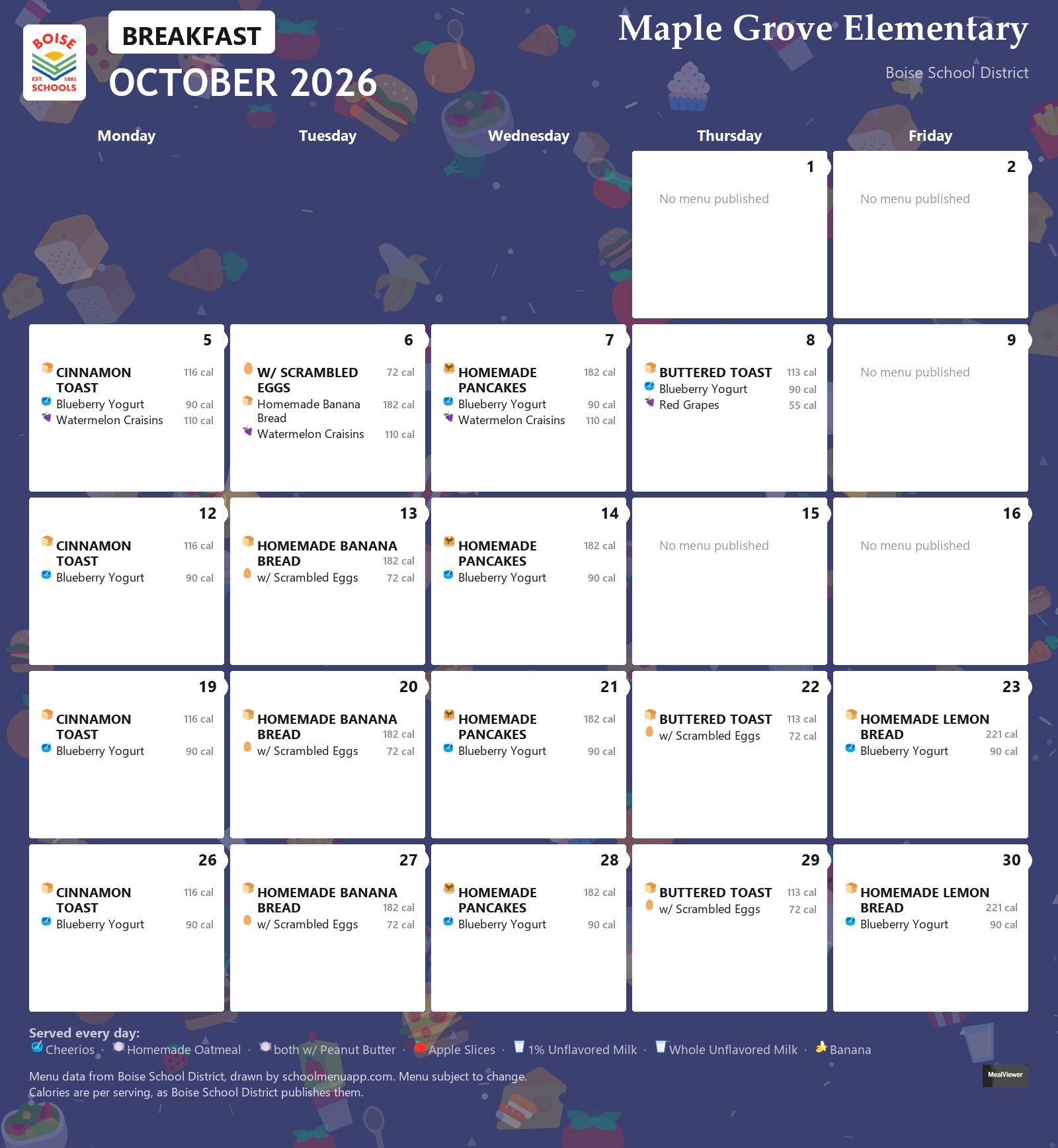 Maple Grove Elementary breakfast menu for October 2026 &mdash; Boise School District