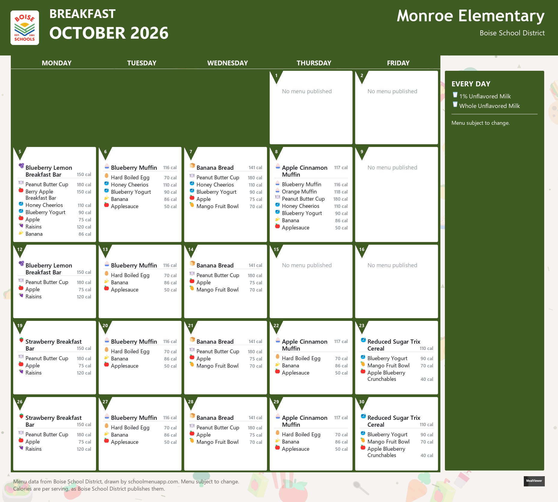 Monroe Elementary breakfast menu for October 2026 &mdash; Boise School District