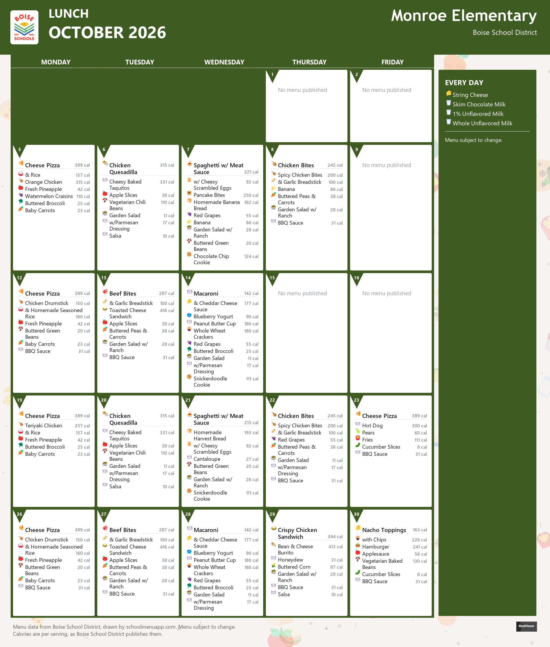 Monroe Elementary lunch menu for October 2026 &mdash; Boise School District