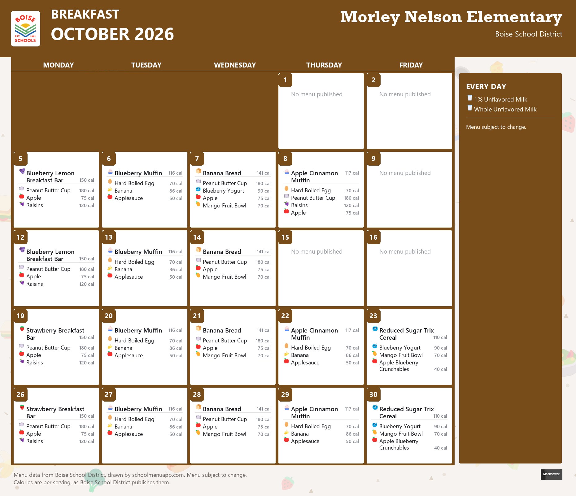 Morley Nelson Elementary breakfast menu for October 2026 &mdash; Boise School District