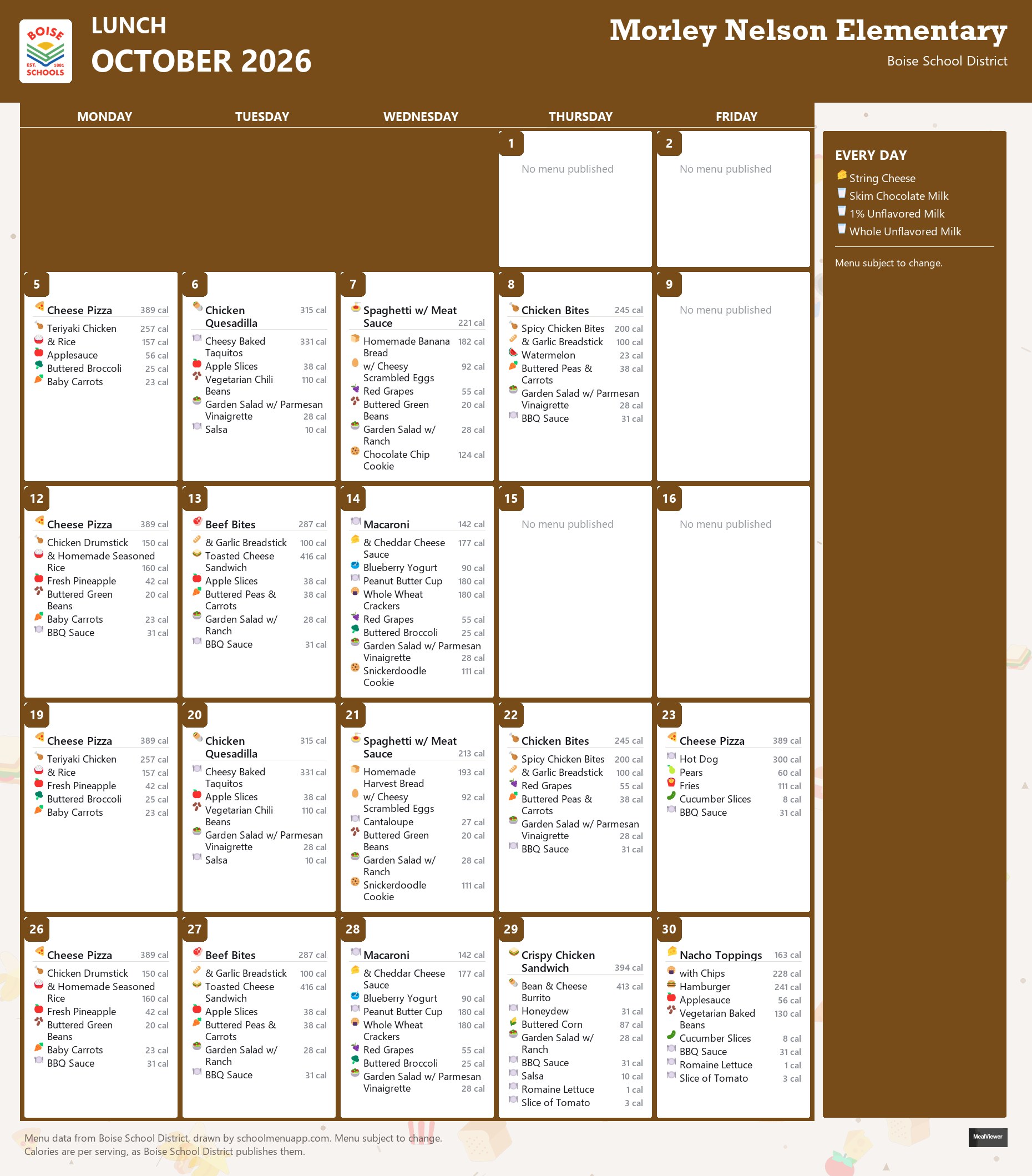 Morley Nelson Elementary lunch menu for October 2026 &mdash; Boise School District