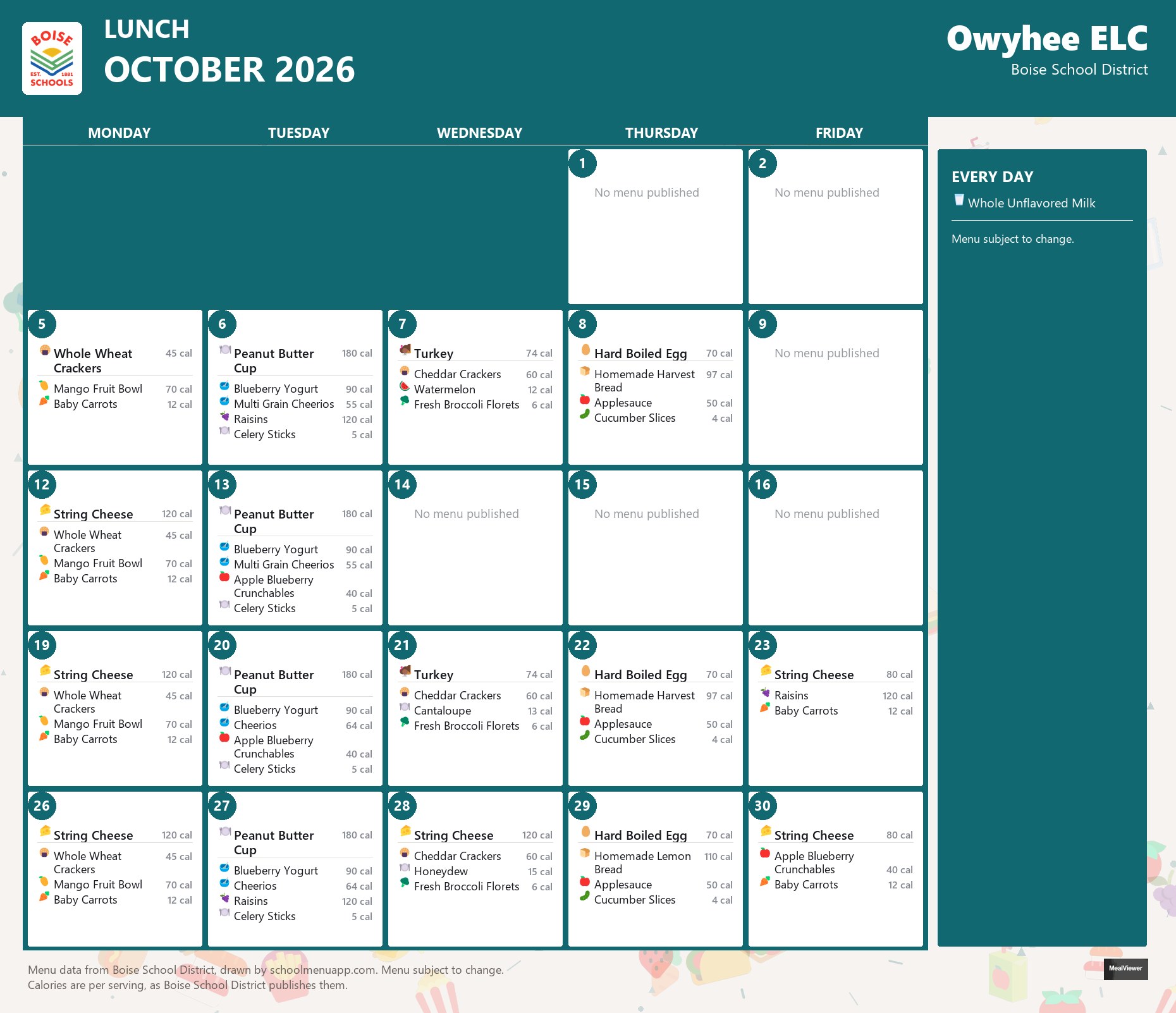 Owyhee ELC lunch menu for October 2026 &mdash; Boise School District