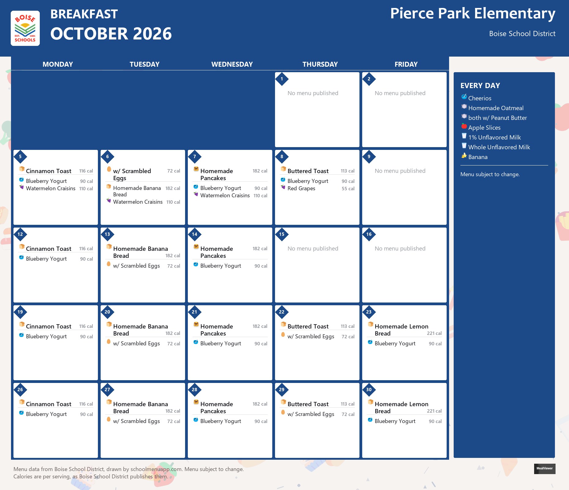Pierce Park Elementary breakfast menu for October 2026 &mdash; Boise School District