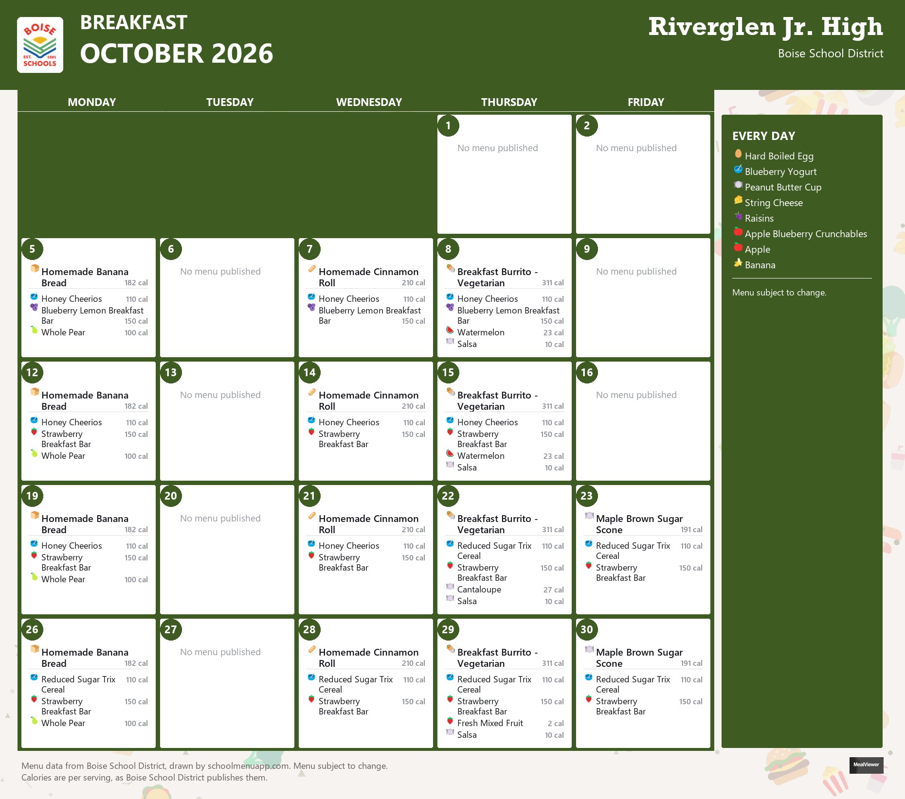 Riverglen Jr. High breakfast menu for October 2026 &mdash; Boise School District