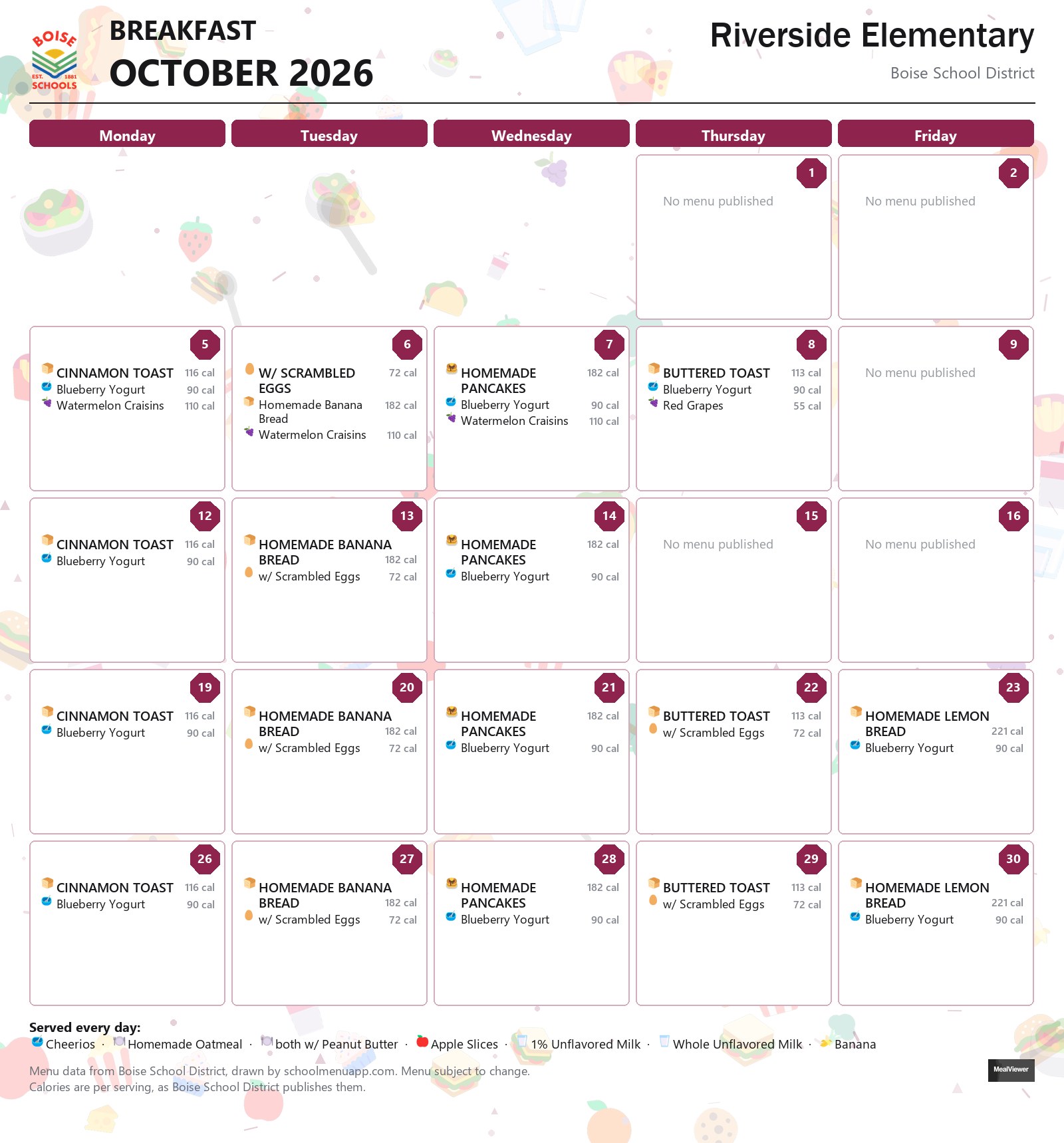 Riverside Elementary breakfast menu for October 2026 &mdash; Boise School District