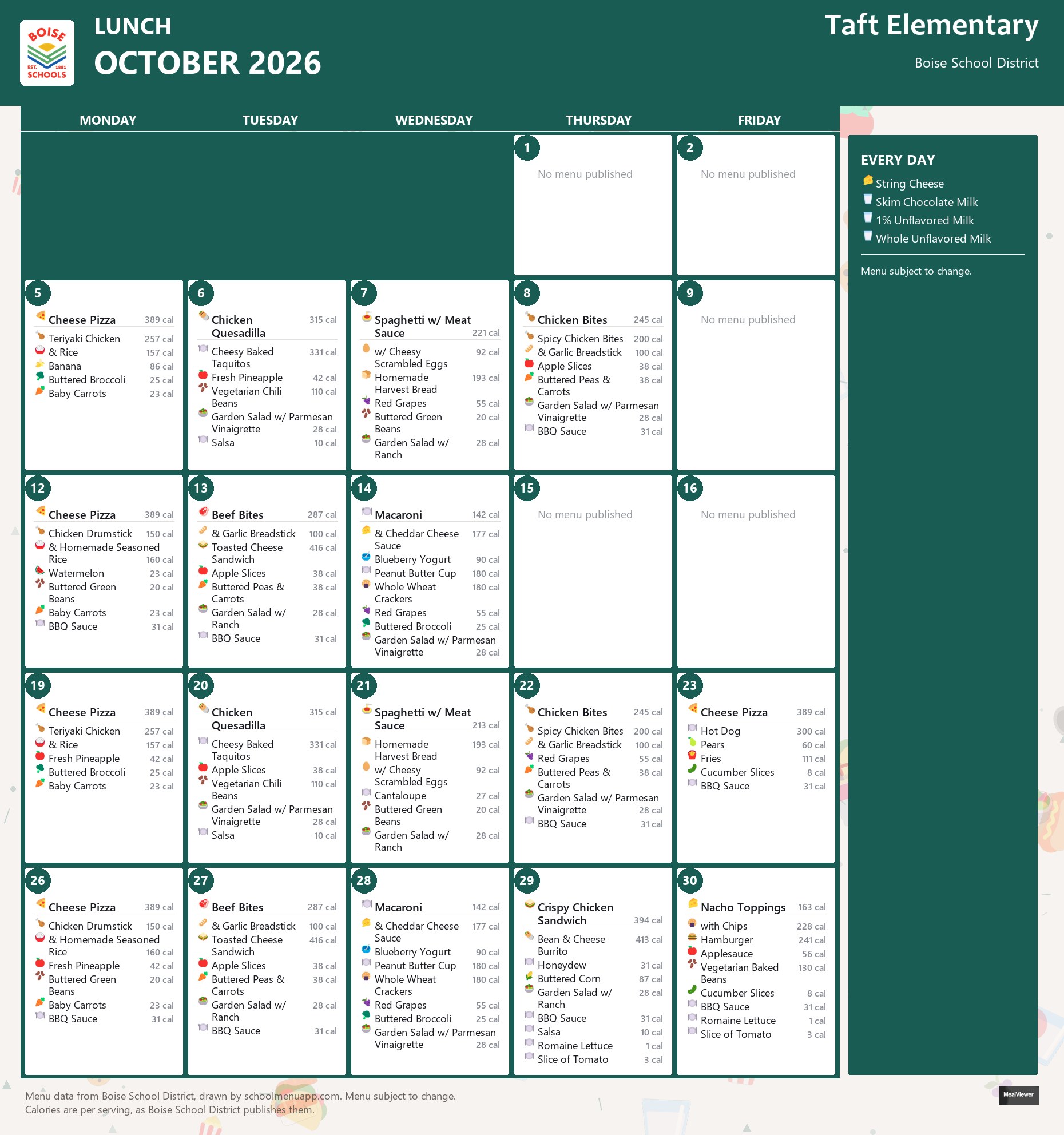 Taft Elementary lunch menu for October 2026 &mdash; Boise School District