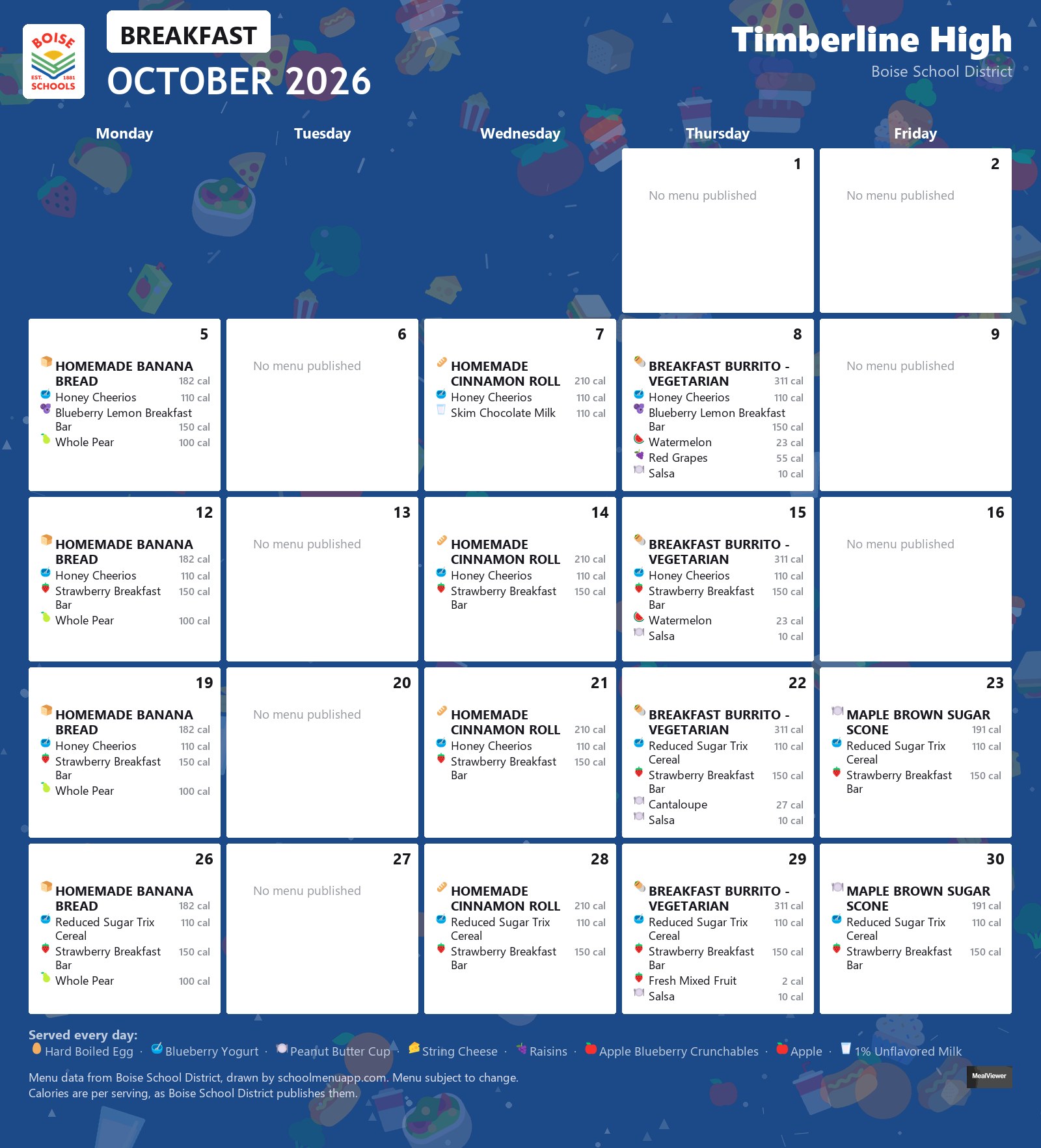 Timberline High breakfast menu for October 2026 &mdash; Boise School District