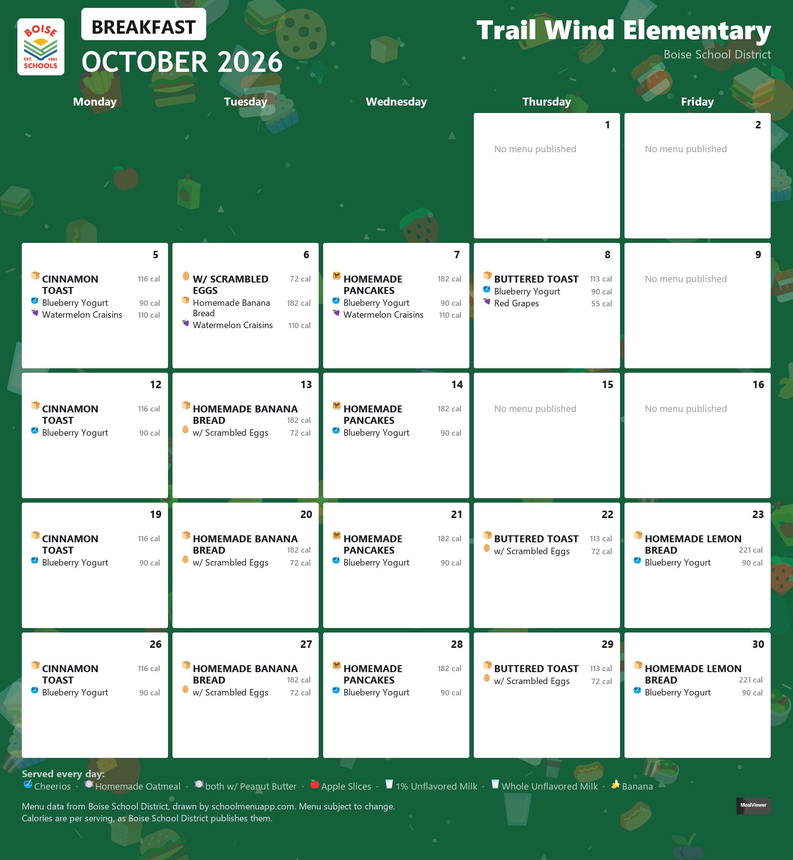 Trail Wind Elementary breakfast menu for October 2026 &mdash; Boise School District