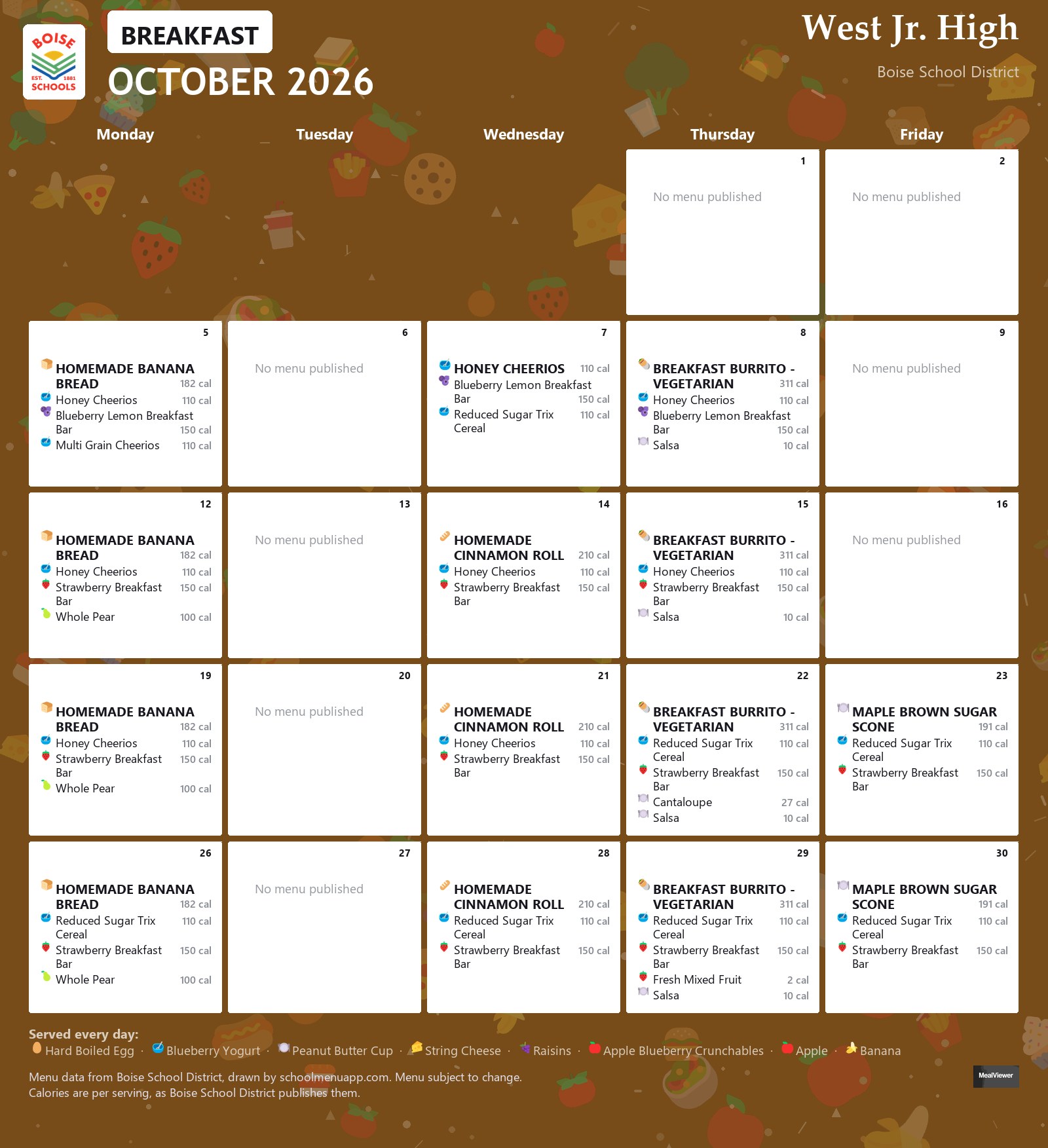 West Jr. High breakfast menu for October 2026 &mdash; Boise School District