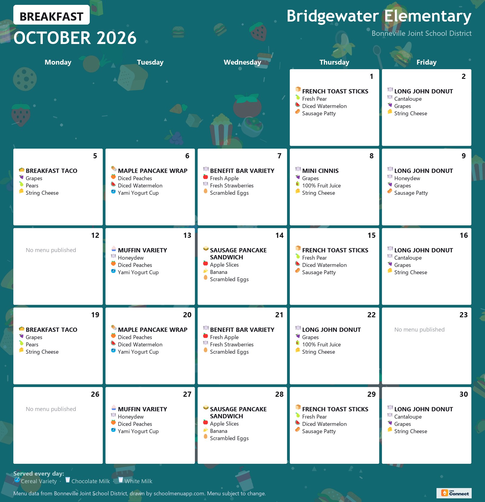 Bridgewater Elementary breakfast menu for October 2026 &mdash; Bonneville Joint School District