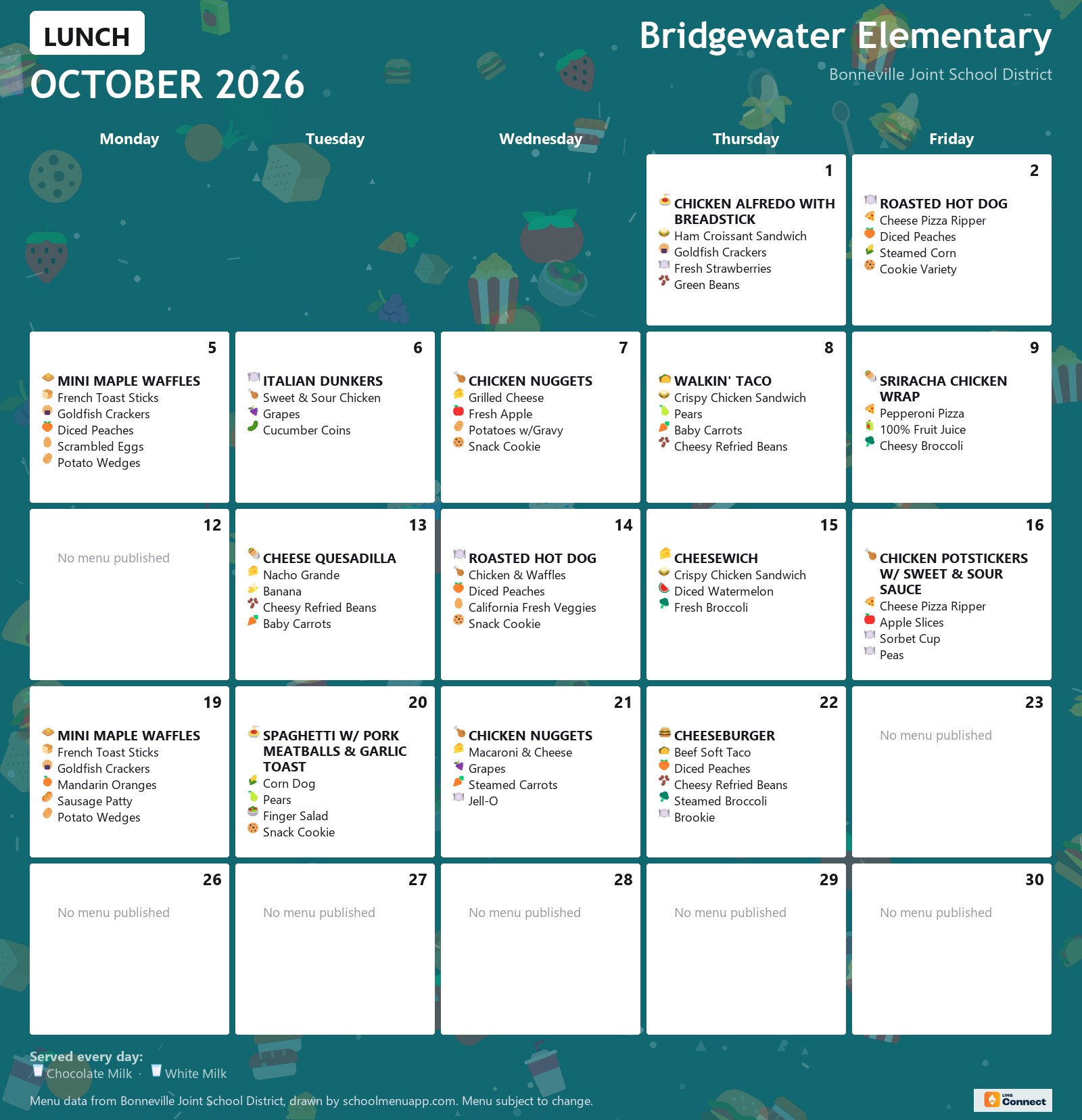 Bridgewater Elementary lunch menu for October 2026 &mdash; Bonneville Joint School District