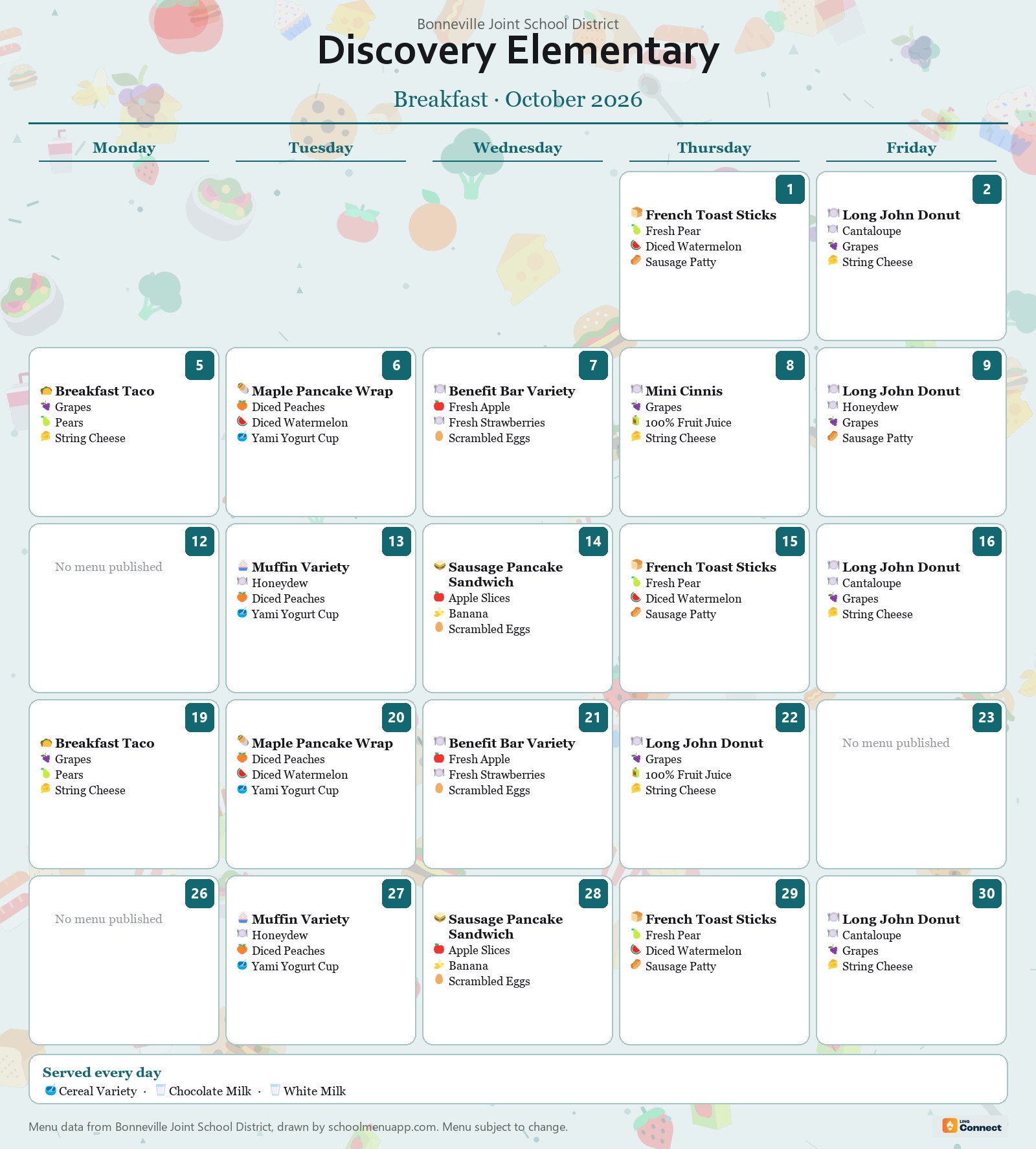 Discovery Elementary breakfast menu for October 2026 &mdash; Bonneville Joint School District