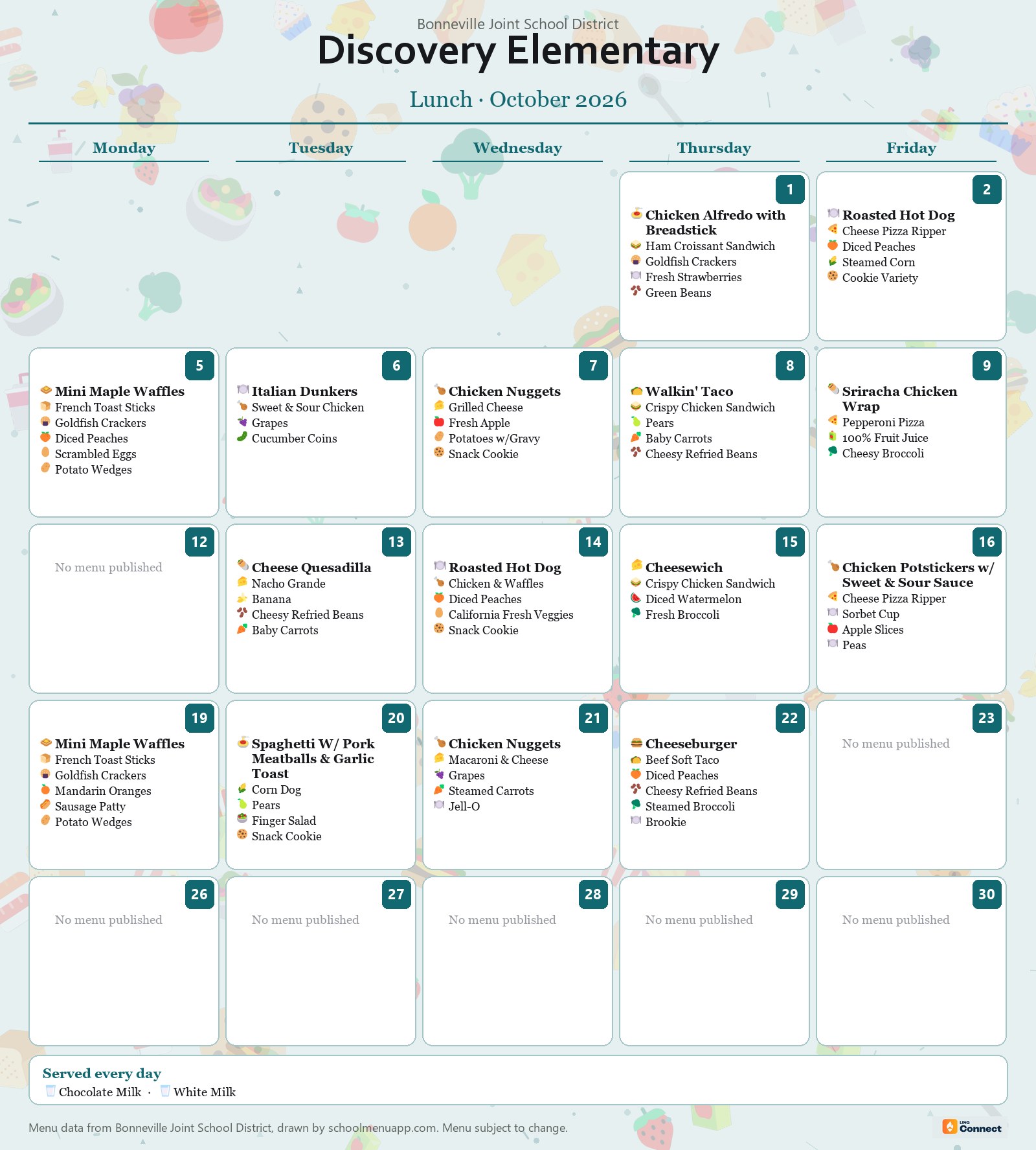 Discovery Elementary lunch menu for October 2026 &mdash; Bonneville Joint School District