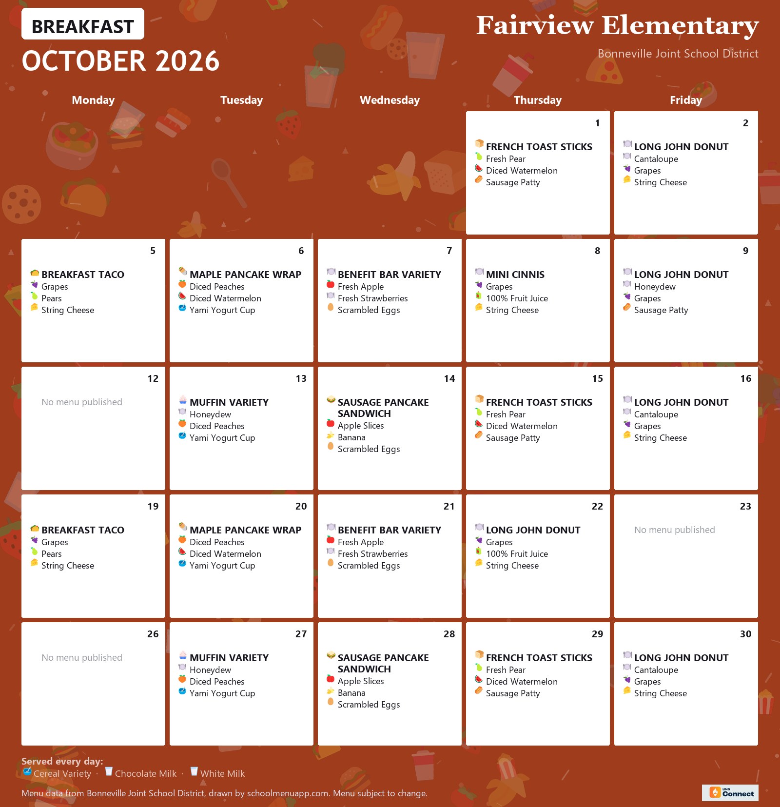 Fairview Elementary breakfast menu for October 2026 &mdash; Bonneville Joint School District