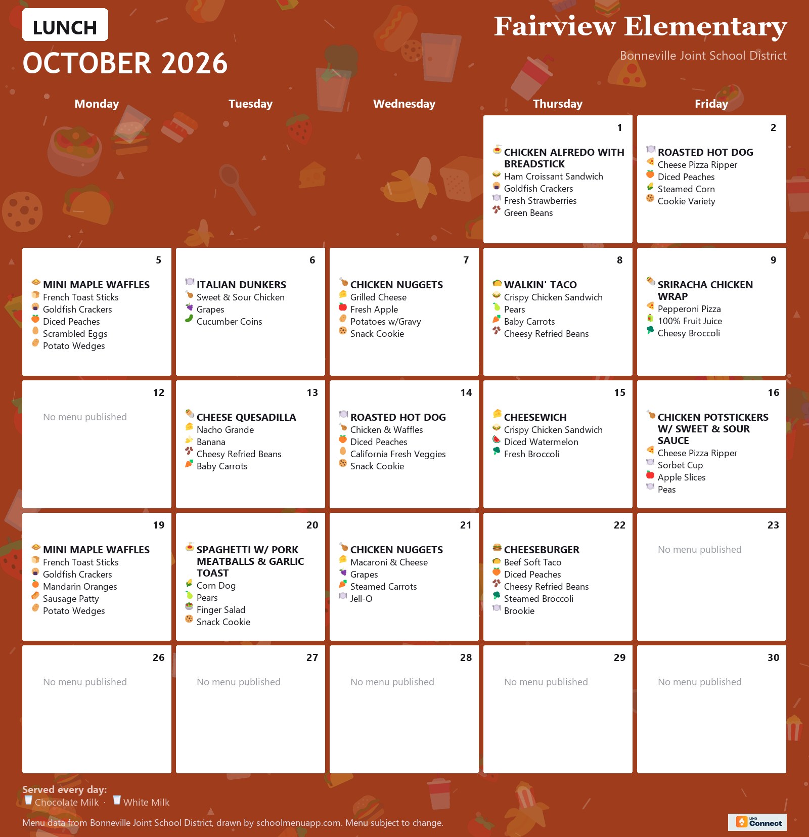 Fairview Elementary lunch menu for October 2026 &mdash; Bonneville Joint School District