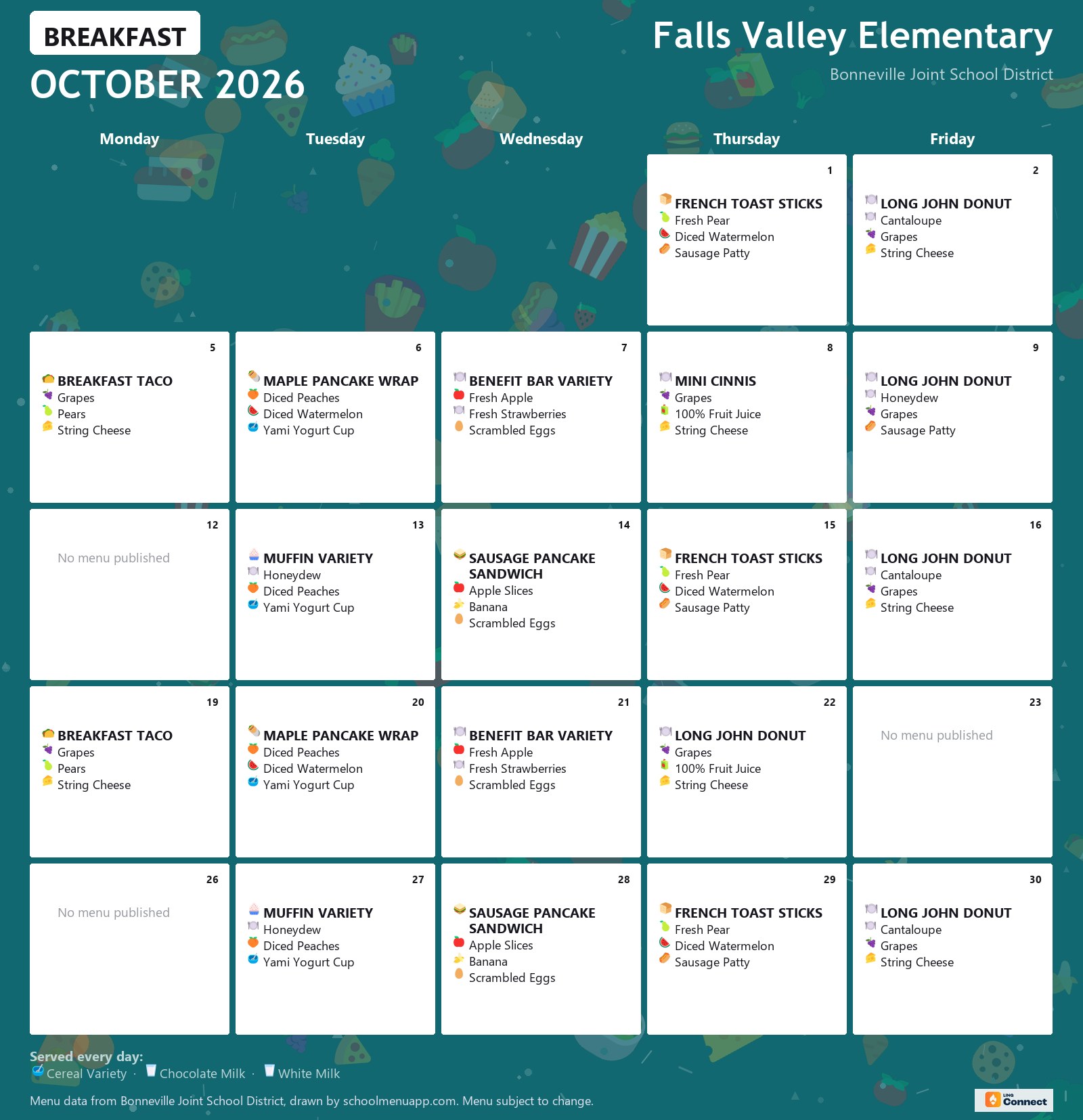 Falls Valley Elementary breakfast menu for October 2026 &mdash; Bonneville Joint School District