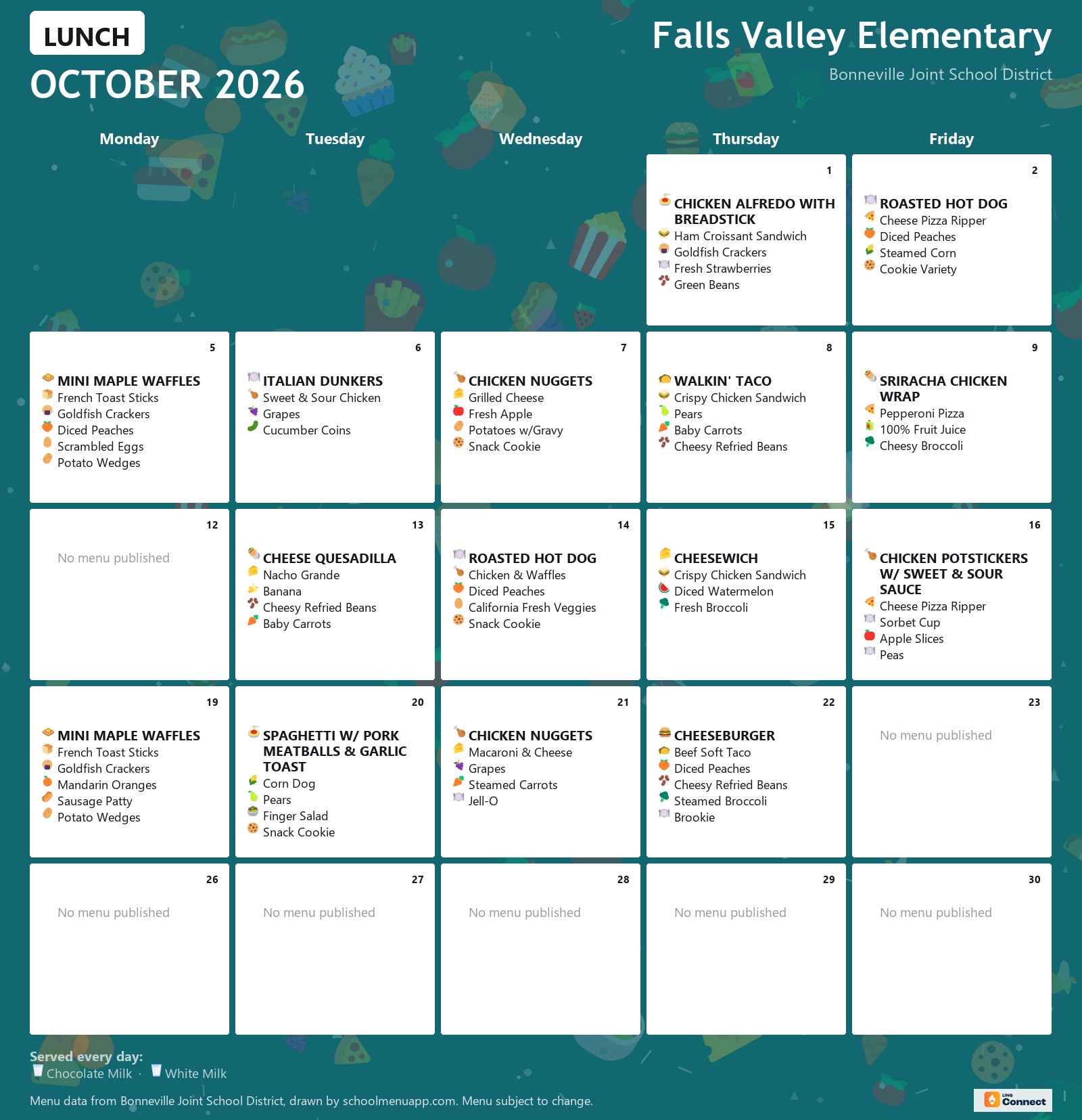 Falls Valley Elementary lunch menu for October 2026 &mdash; Bonneville Joint School District