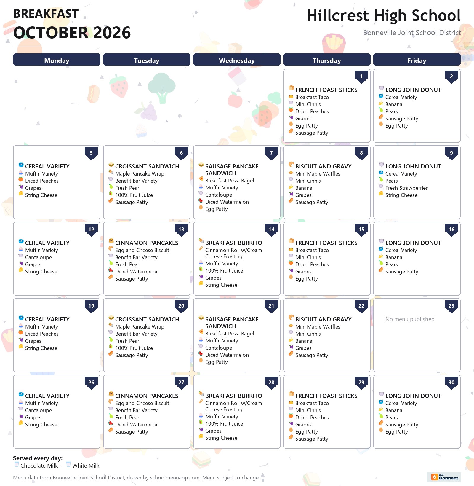 Hillcrest High School breakfast menu for October 2026 &mdash; Bonneville Joint School District