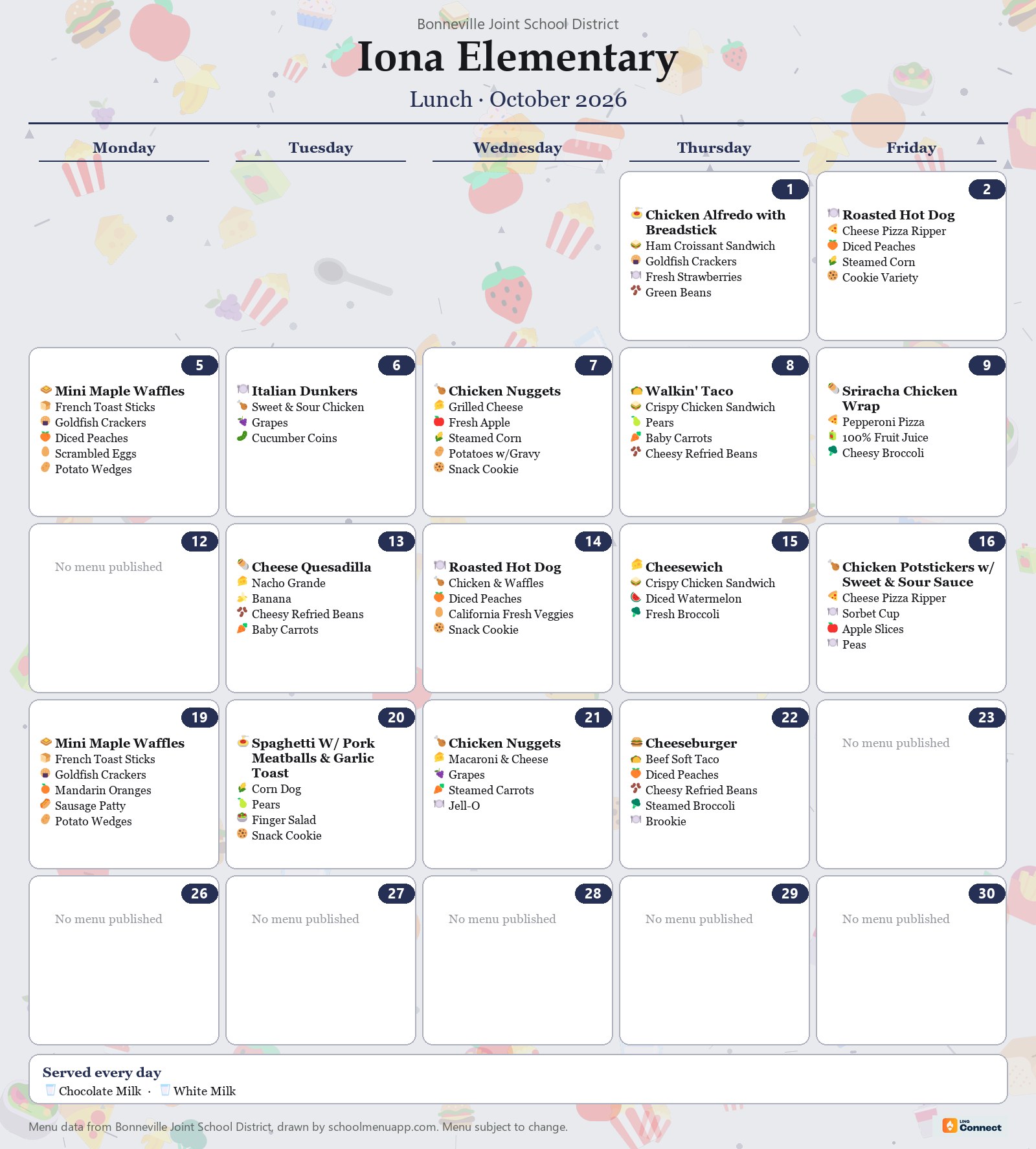 Iona Elementary lunch menu for October 2026 &mdash; Bonneville Joint School District