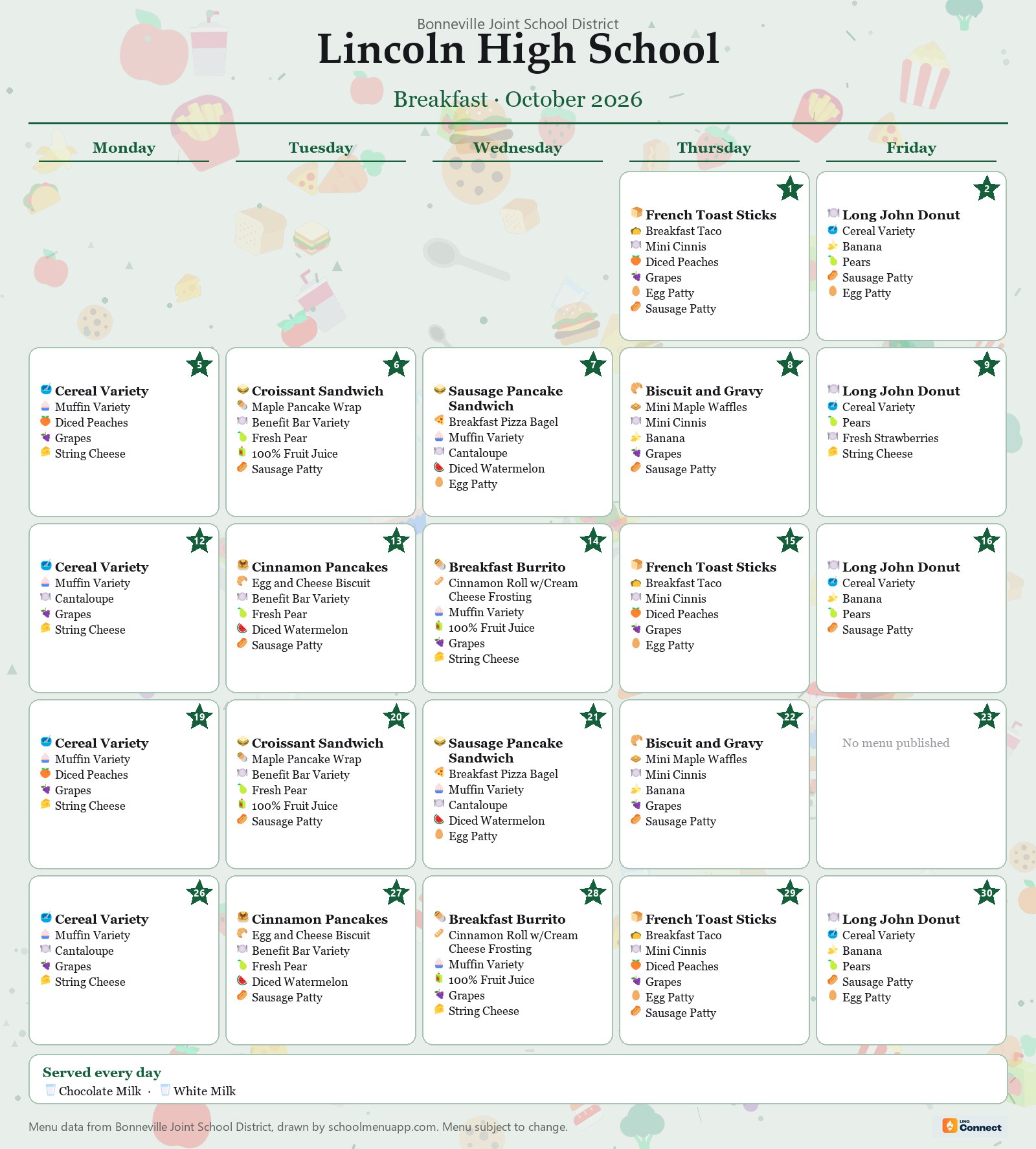 Lincoln High School breakfast menu for October 2026 &mdash; Bonneville Joint School District