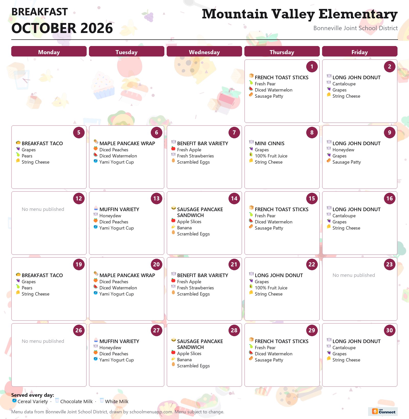 Mountain Valley Elementary breakfast menu for October 2026 &mdash; Bonneville Joint School District