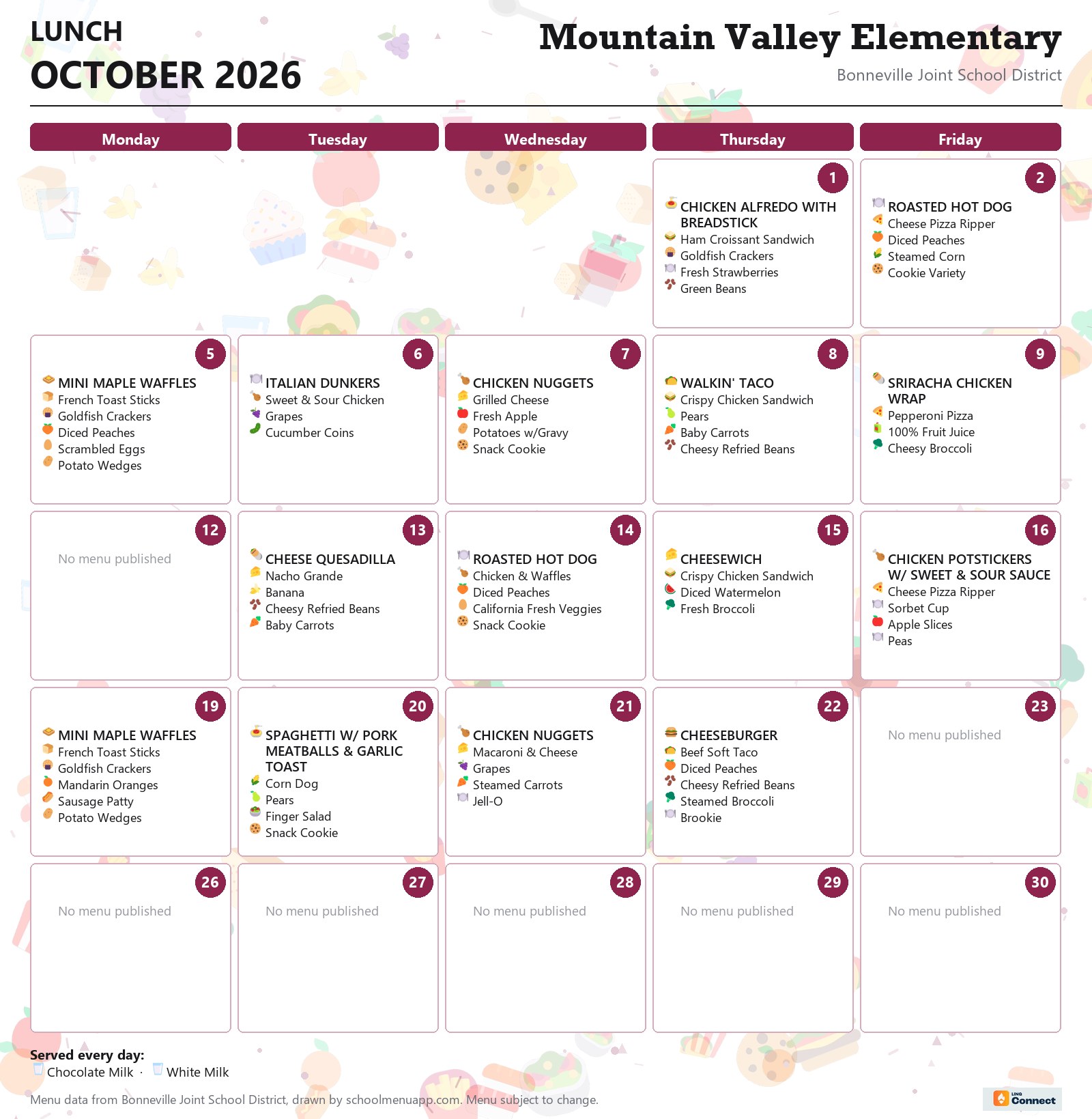 Mountain Valley Elementary lunch menu for October 2026 &mdash; Bonneville Joint School District