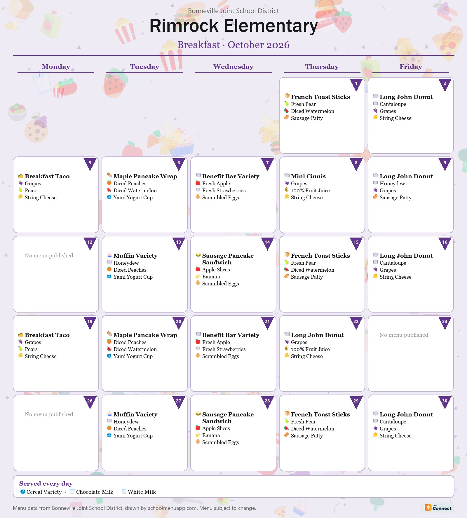 Rimrock Elementary breakfast menu for October 2026 &mdash; Bonneville Joint School District