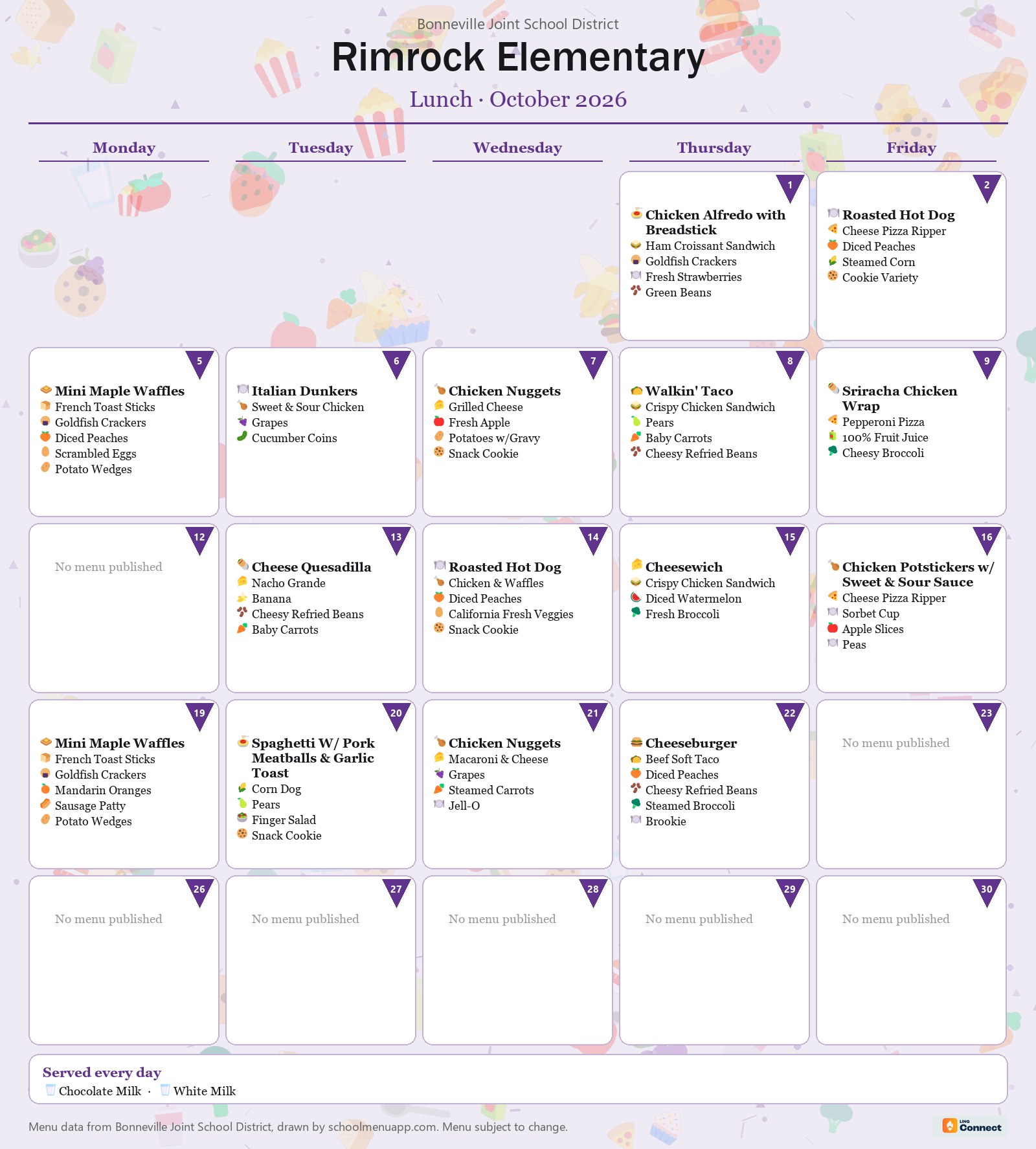 Rimrock Elementary lunch menu for October 2026 &mdash; Bonneville Joint School District