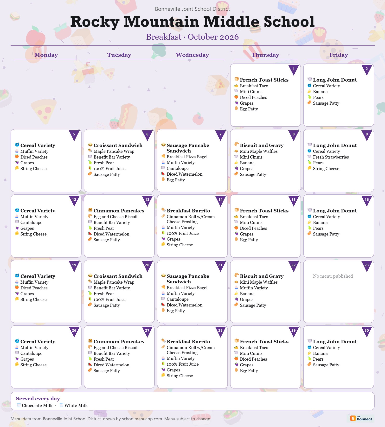 Rocky Mountain Middle School breakfast menu for October 2026 &mdash; Bonneville Joint School District