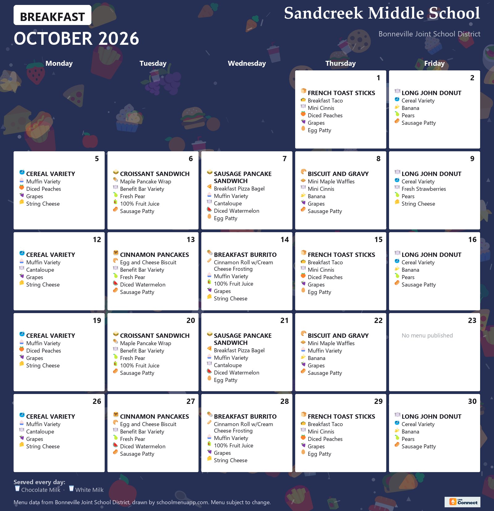 Sandcreek Middle School breakfast menu for October 2026 &mdash; Bonneville Joint School District