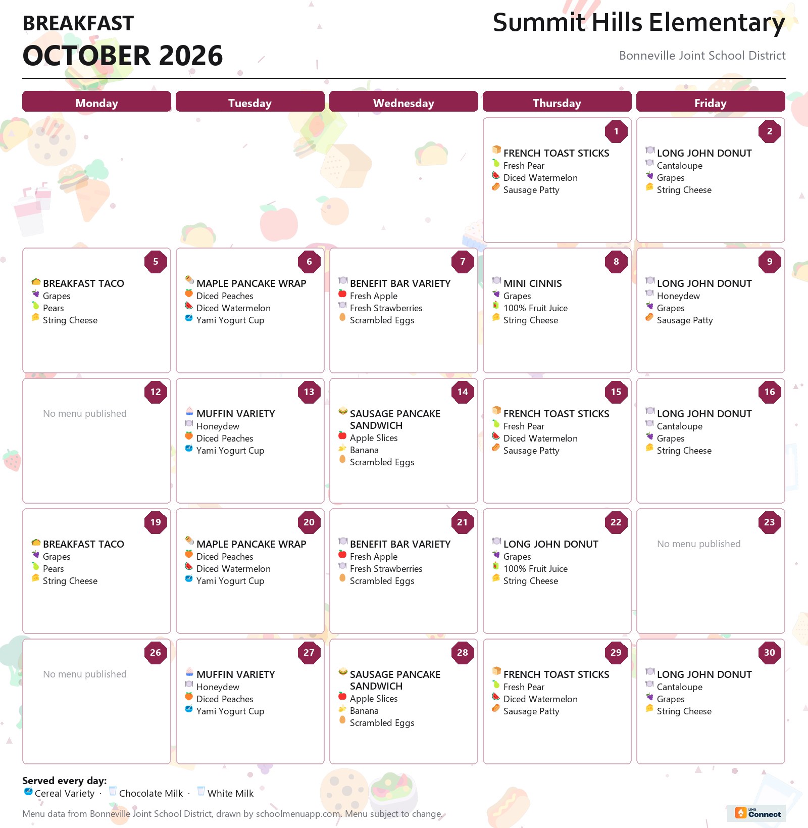 Summit Hills Elementary breakfast menu for October 2026 &mdash; Bonneville Joint School District