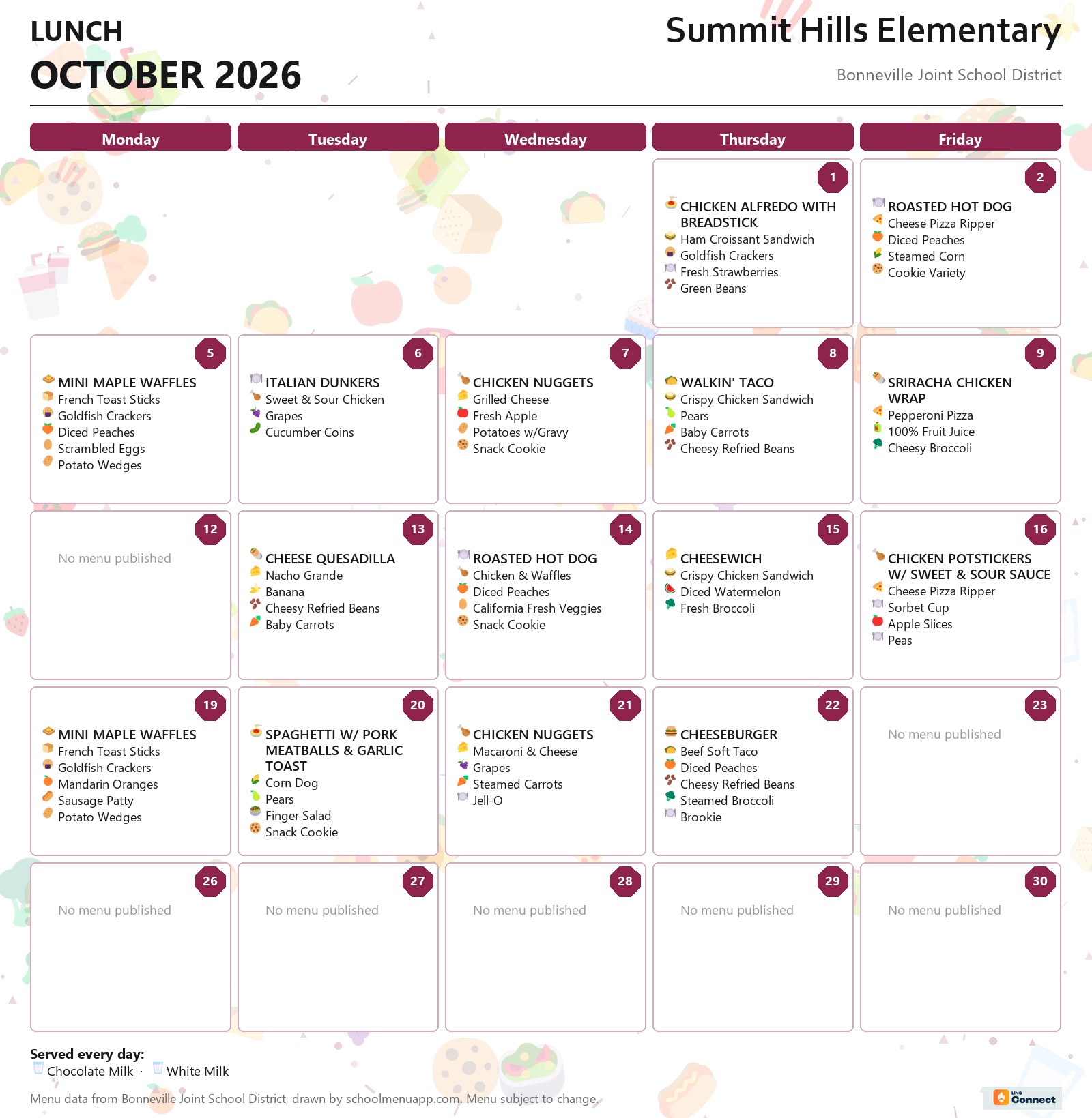 Summit Hills Elementary lunch menu for October 2026 &mdash; Bonneville Joint School District