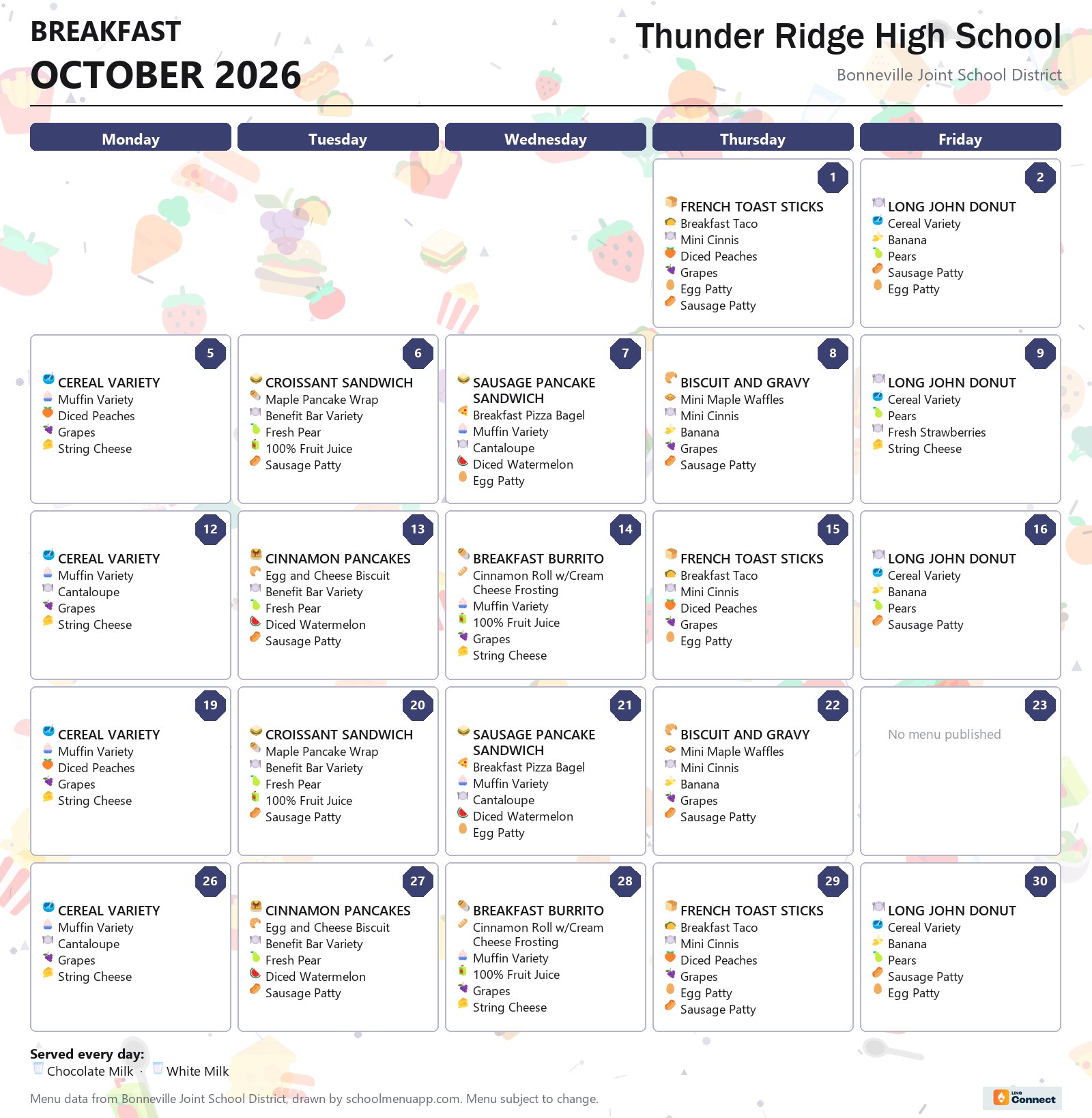 Thunder Ridge High School breakfast menu for October 2026 &mdash; Bonneville Joint School District
