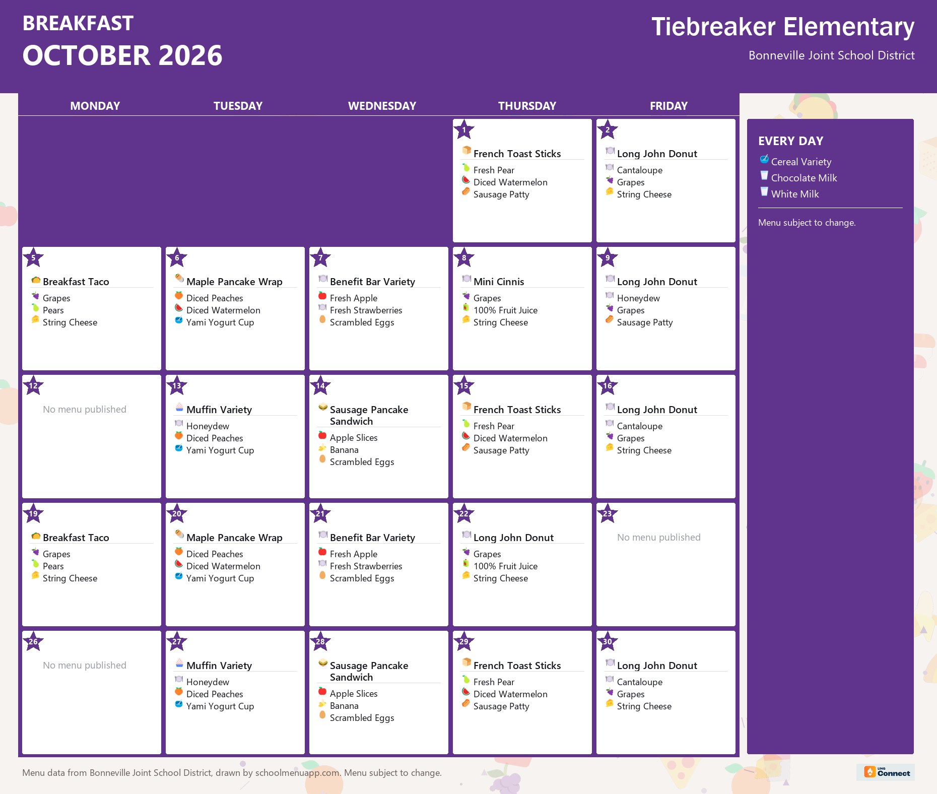 Tiebreaker Elementary breakfast menu for October 2026 &mdash; Bonneville Joint School District