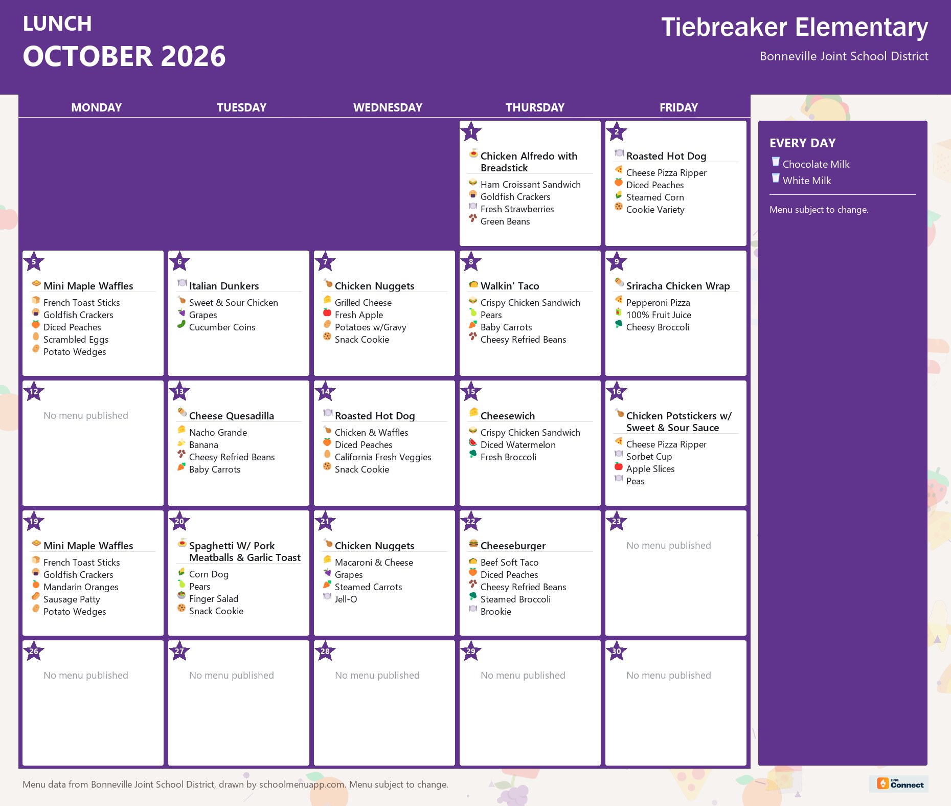Tiebreaker Elementary lunch menu for October 2026 &mdash; Bonneville Joint School District