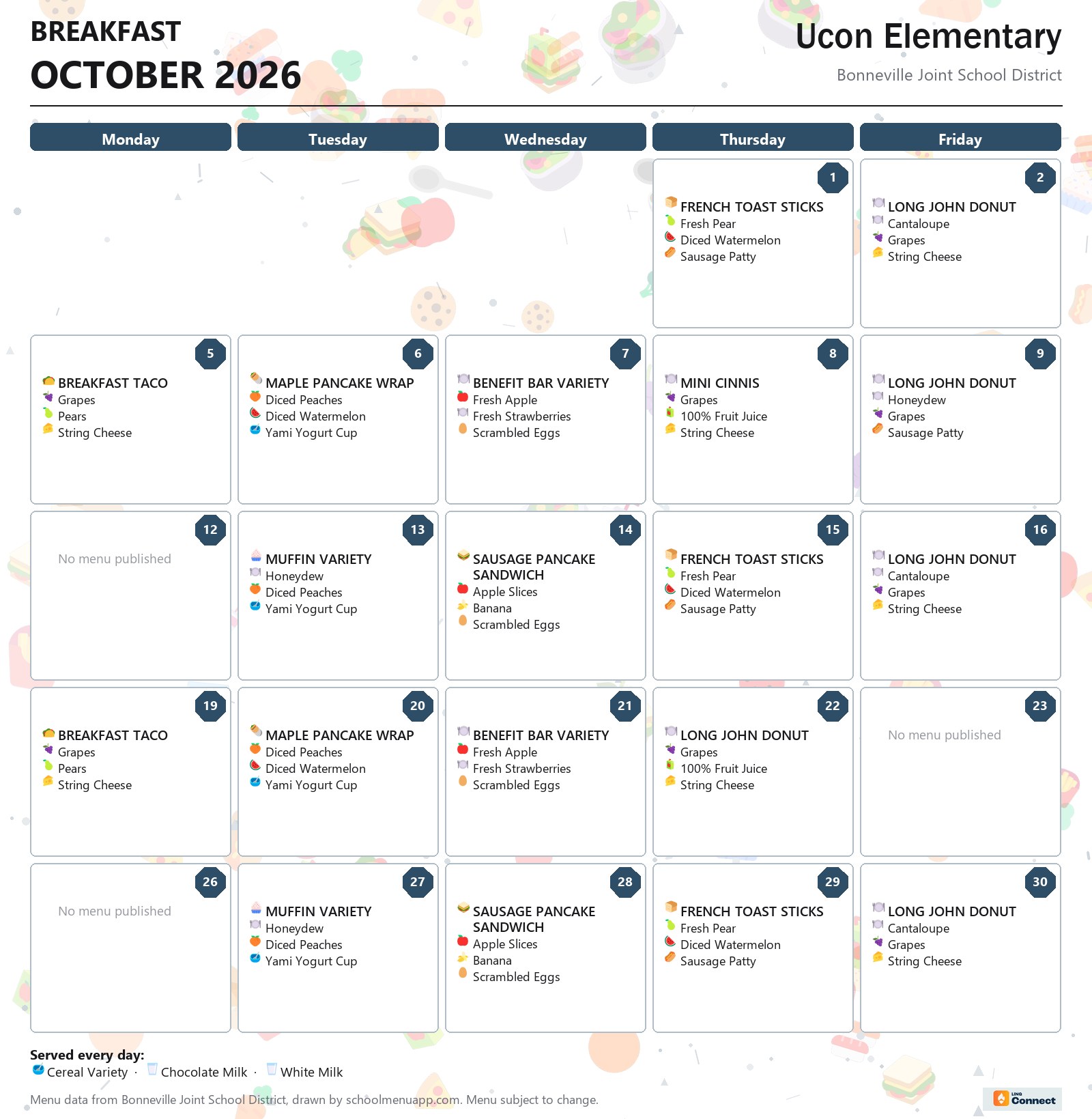 Ucon Elementary breakfast menu for October 2026 &mdash; Bonneville Joint School District