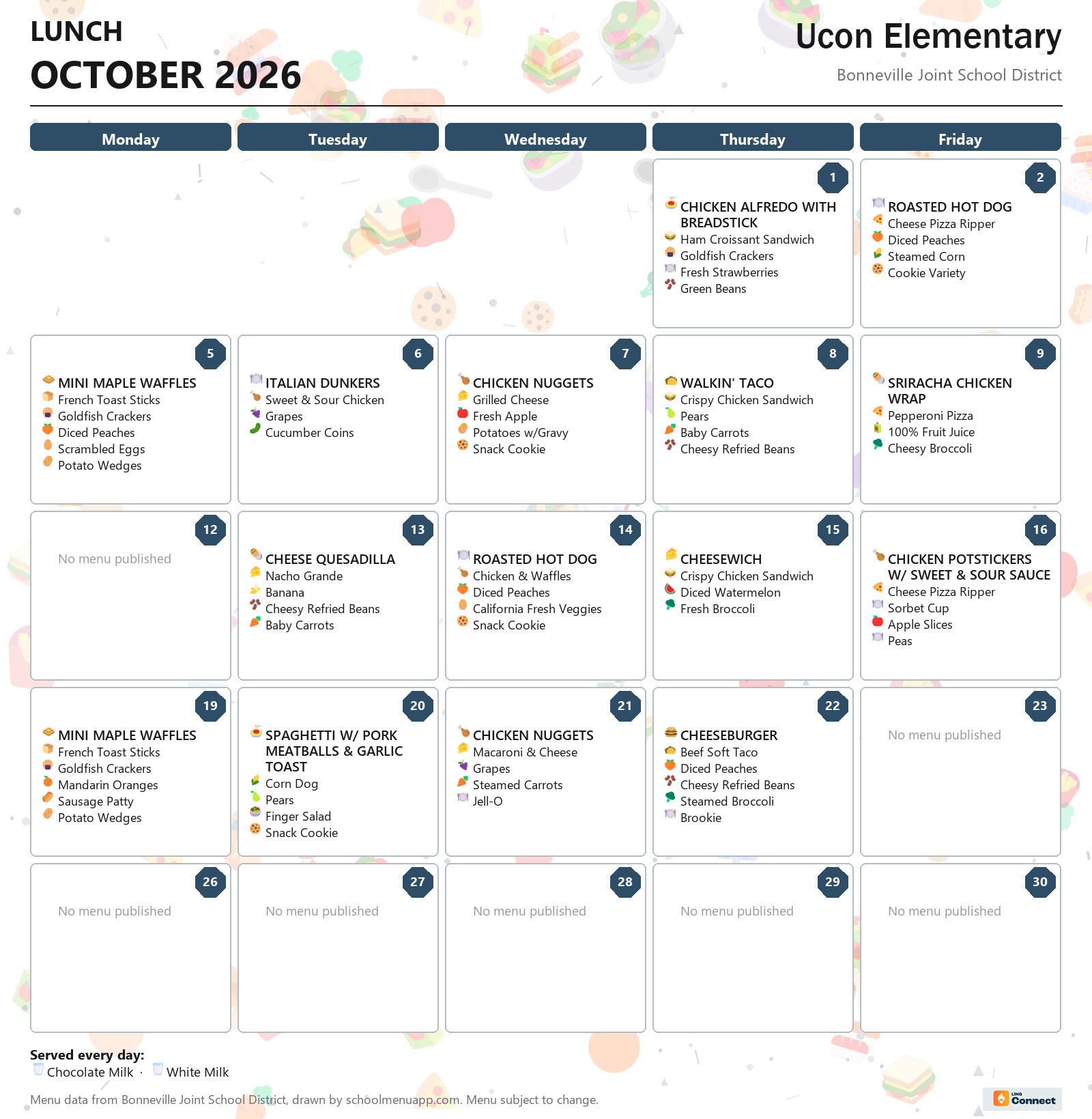 Ucon Elementary lunch menu for October 2026 &mdash; Bonneville Joint School District