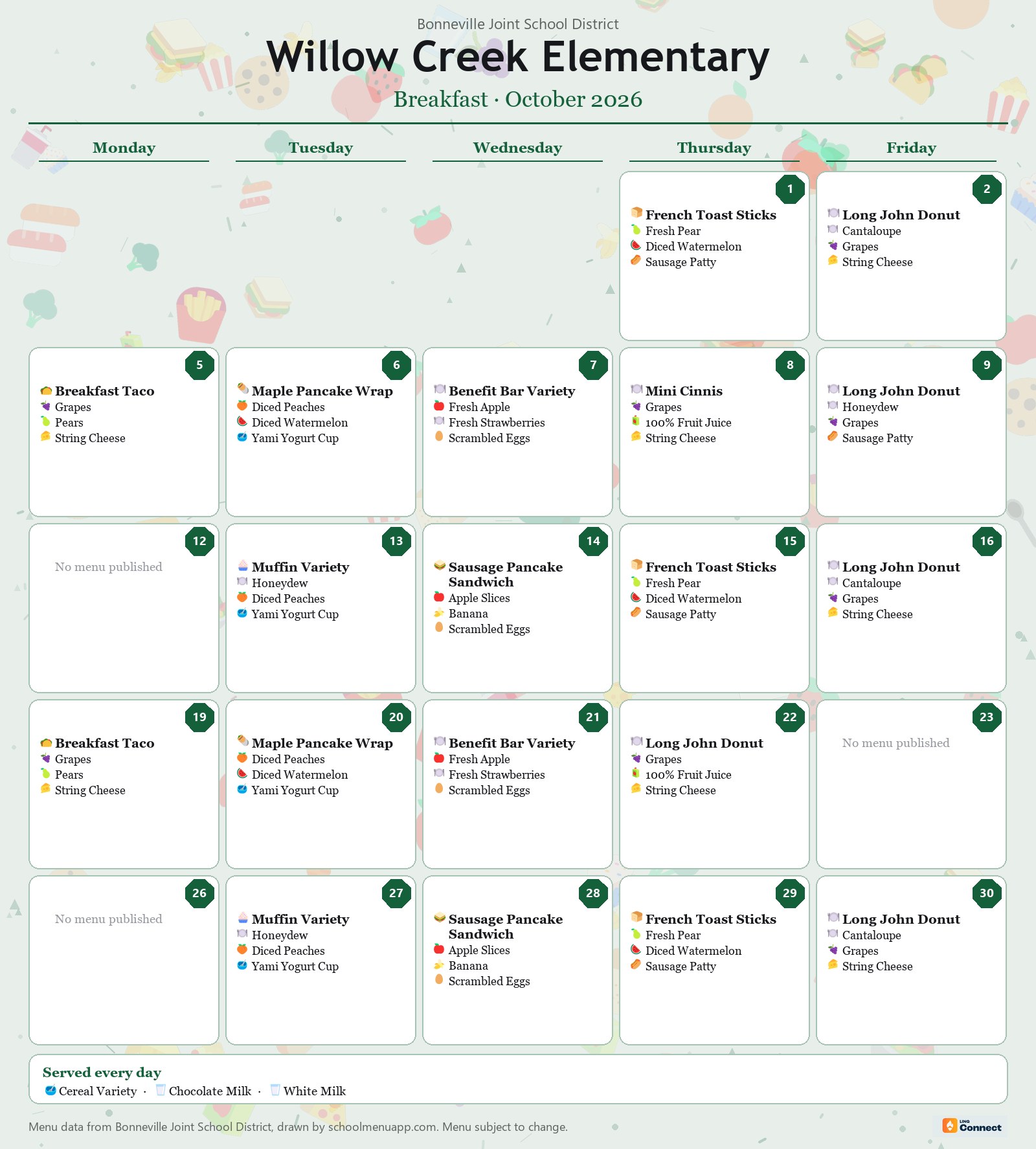 Willow Creek Elementary breakfast menu for October 2026 &mdash; Bonneville Joint School District