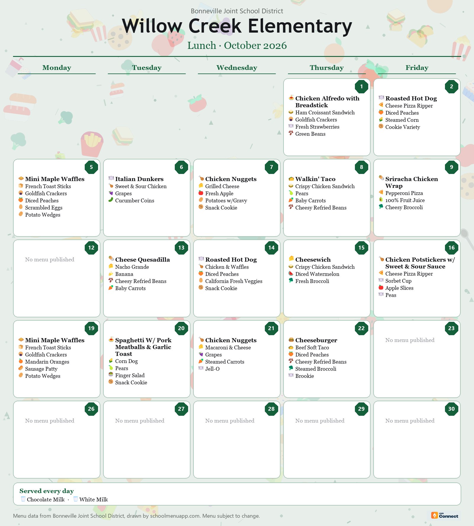 Willow Creek Elementary lunch menu for October 2026 &mdash; Bonneville Joint School District