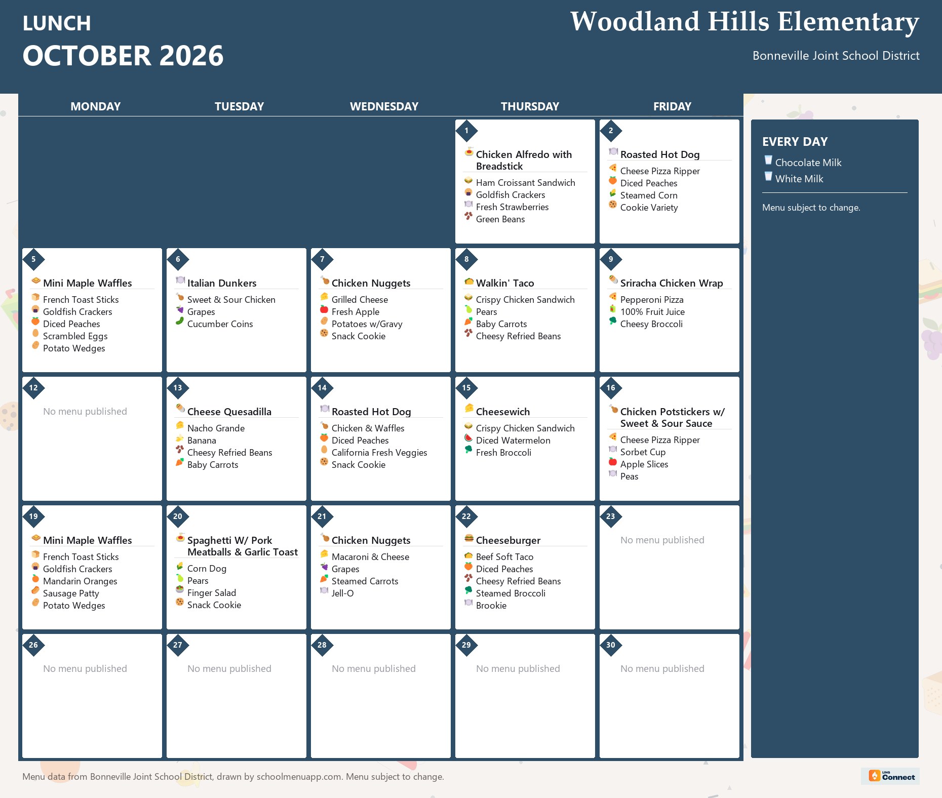 Woodland Hills Elementary lunch menu for October 2026 &mdash; Bonneville Joint School District