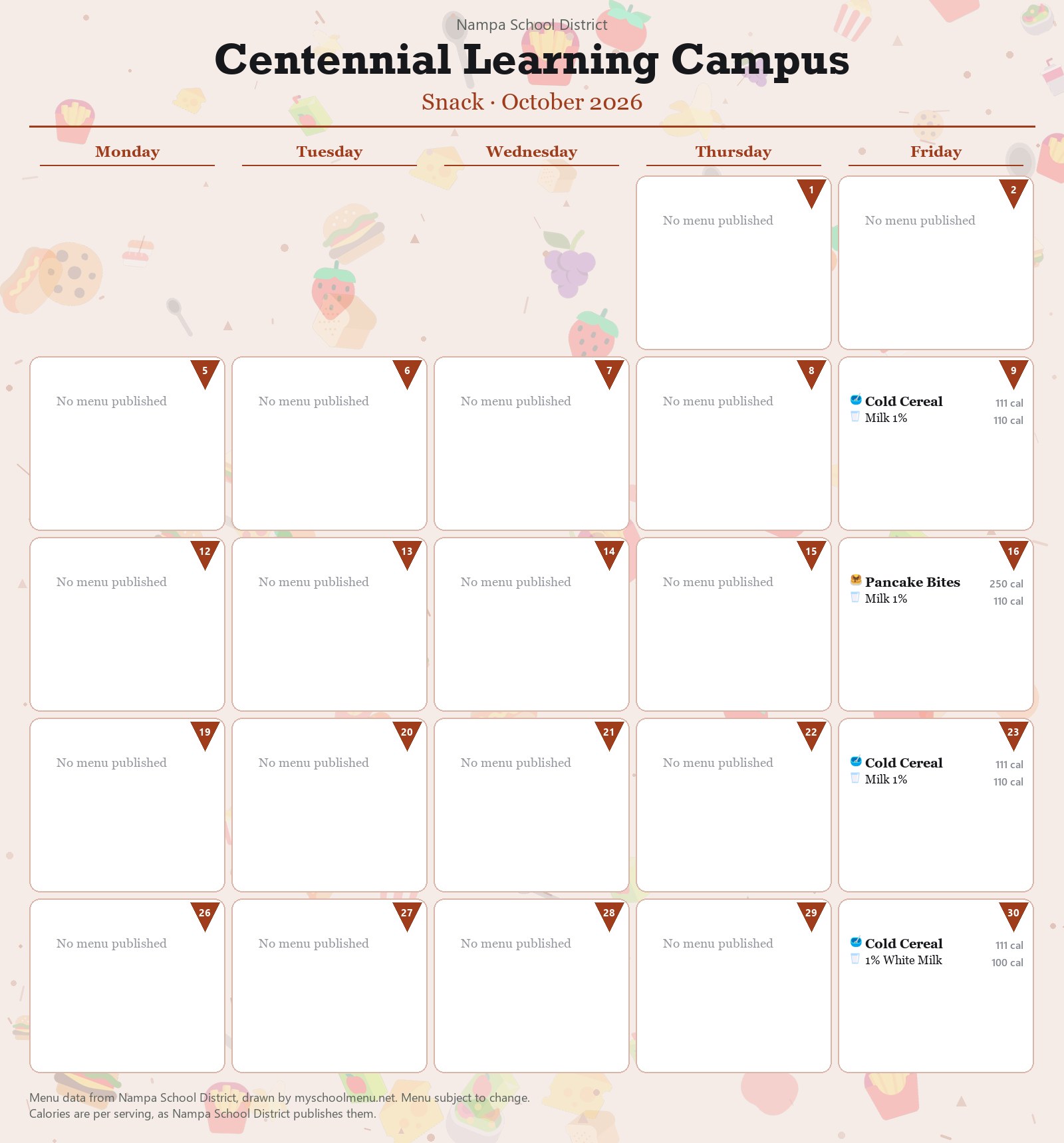 Centennial Learning Campus snack menu for October 2026 &mdash; Nampa School District